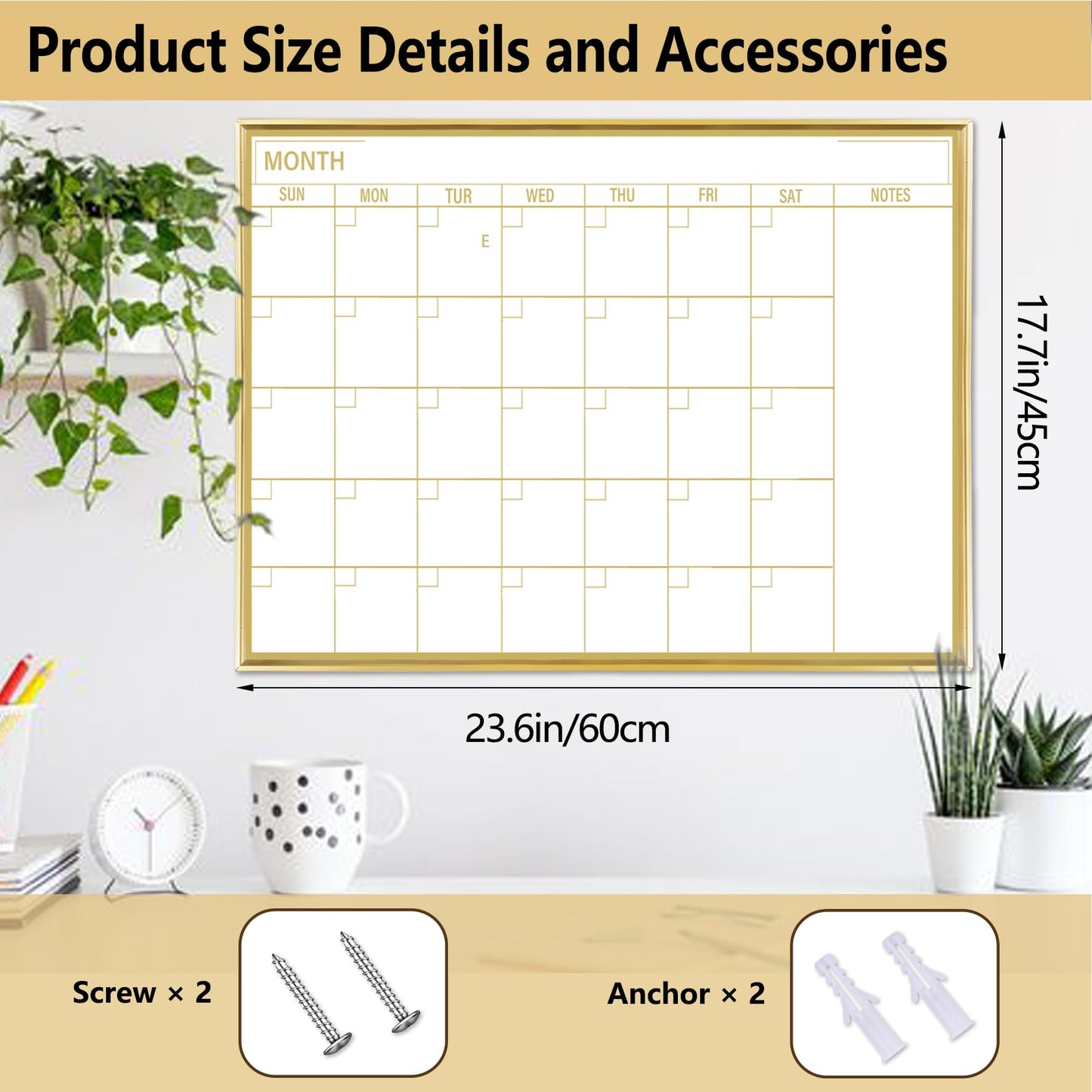 Marribol Gold Dry Erase Calendar Whiteboard for wall-60x45cm,Portable Aluminum Frame,Magnetic Calendar White Board,Wall Planner Dry Erase Board for Office, Kitchen, School, Home-GG-4560