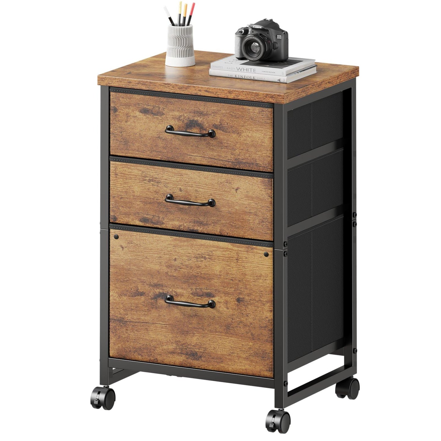3 Drawer Mobile File Cabinet with Wheels Fabric Vertical Filing Cabinet fits A4 or Letter Size for Home Office,Rustic Brown2