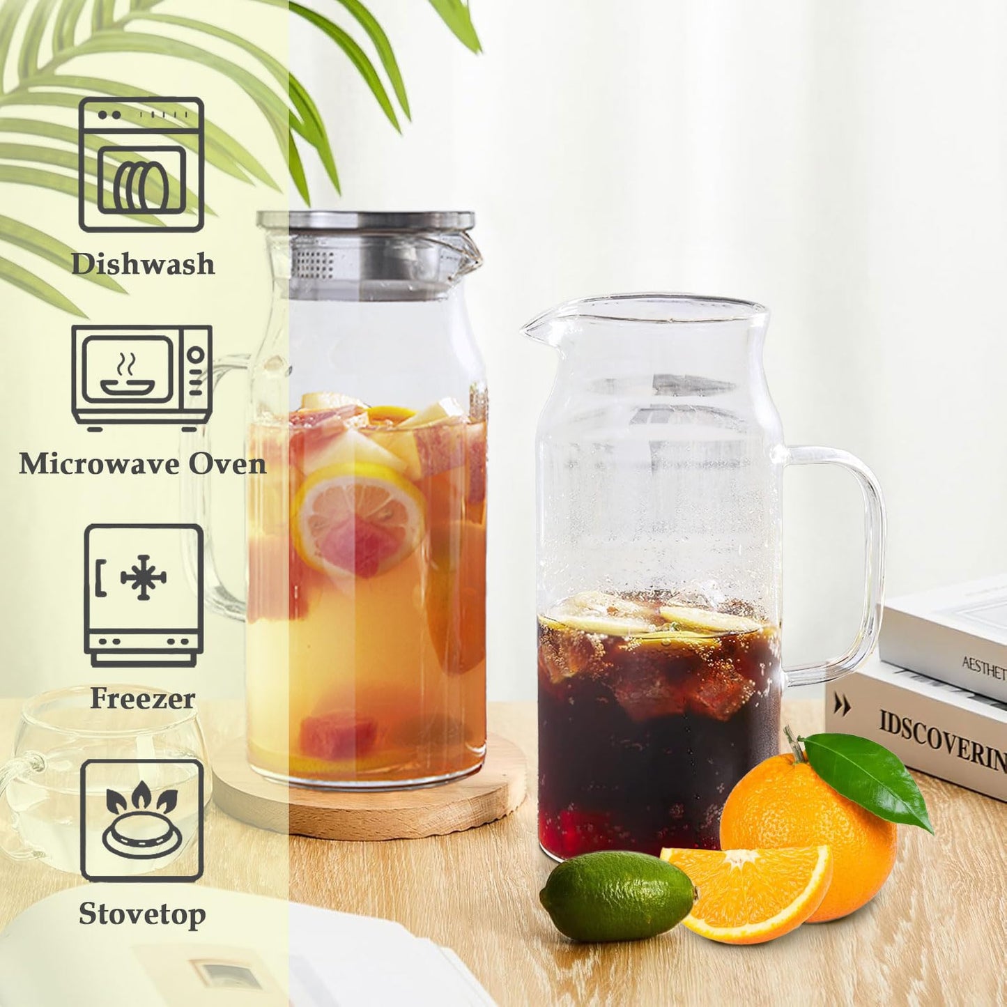 Wexlerey 2 Pack 2 Liter/68 oz Glass Pitcher with Lid and Spout,Wide Mouth Water Pitcher with Handle Heat Resistant,Glass Water Jug Carafe Juice Container for Hot/Cold Drink,Iced Tea,Milk,Coffee