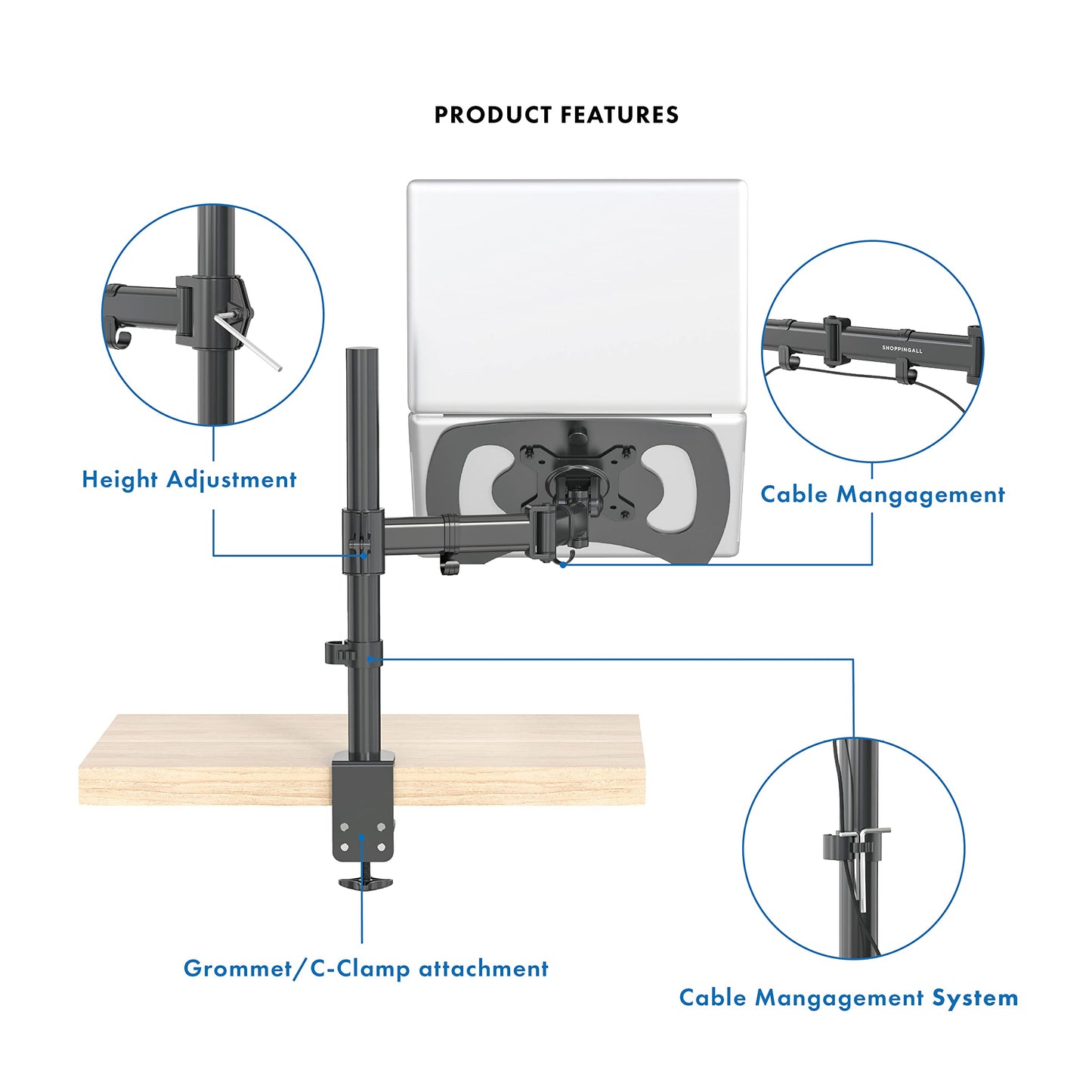 SHOPPINGALL Fully Adjustable Laptop Mount Stand for Laptops Up to 17", Both Desk clamp and Grommet mounting - SA-D28+D15-Black