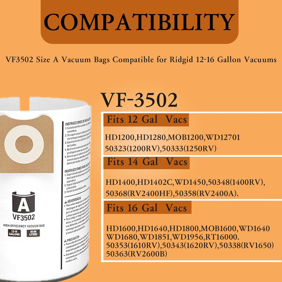 12 Pack 23743 VF3502 Vacuum Bags Compatible with Ridgid 12-16 Gallon Wet Dry Vacuums,Dust Collection Bags WD1950 WD1956 WD1850 WD1851 RV2400HF WD1450 WD1680 WD1270 (vf3502)