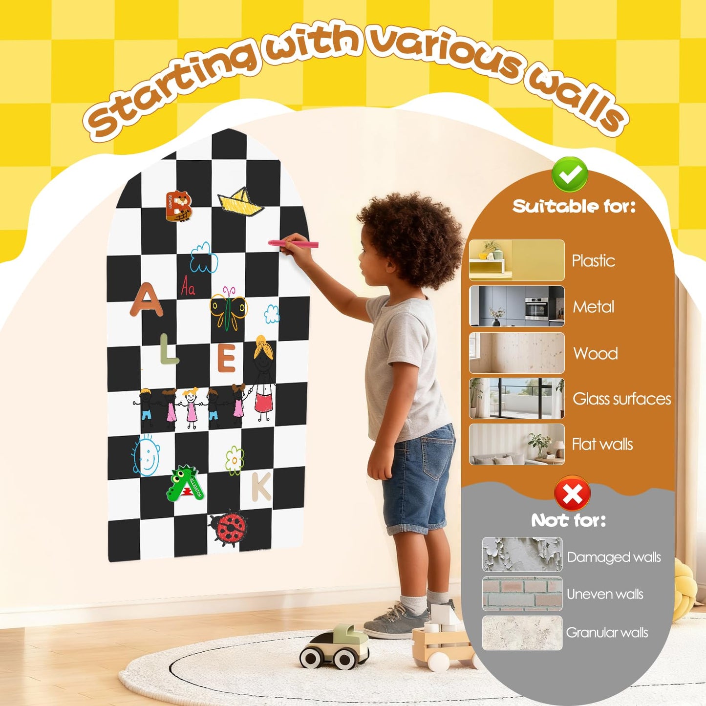 Magnetic Chalkboard for Wall, 24" x 40" Peel and Stick Arch Felt Magnetic Board, Chalkboard Wall Decal, Wall Safe Removable Reusable, Black & White Checkered Play Room Home Office Decor
