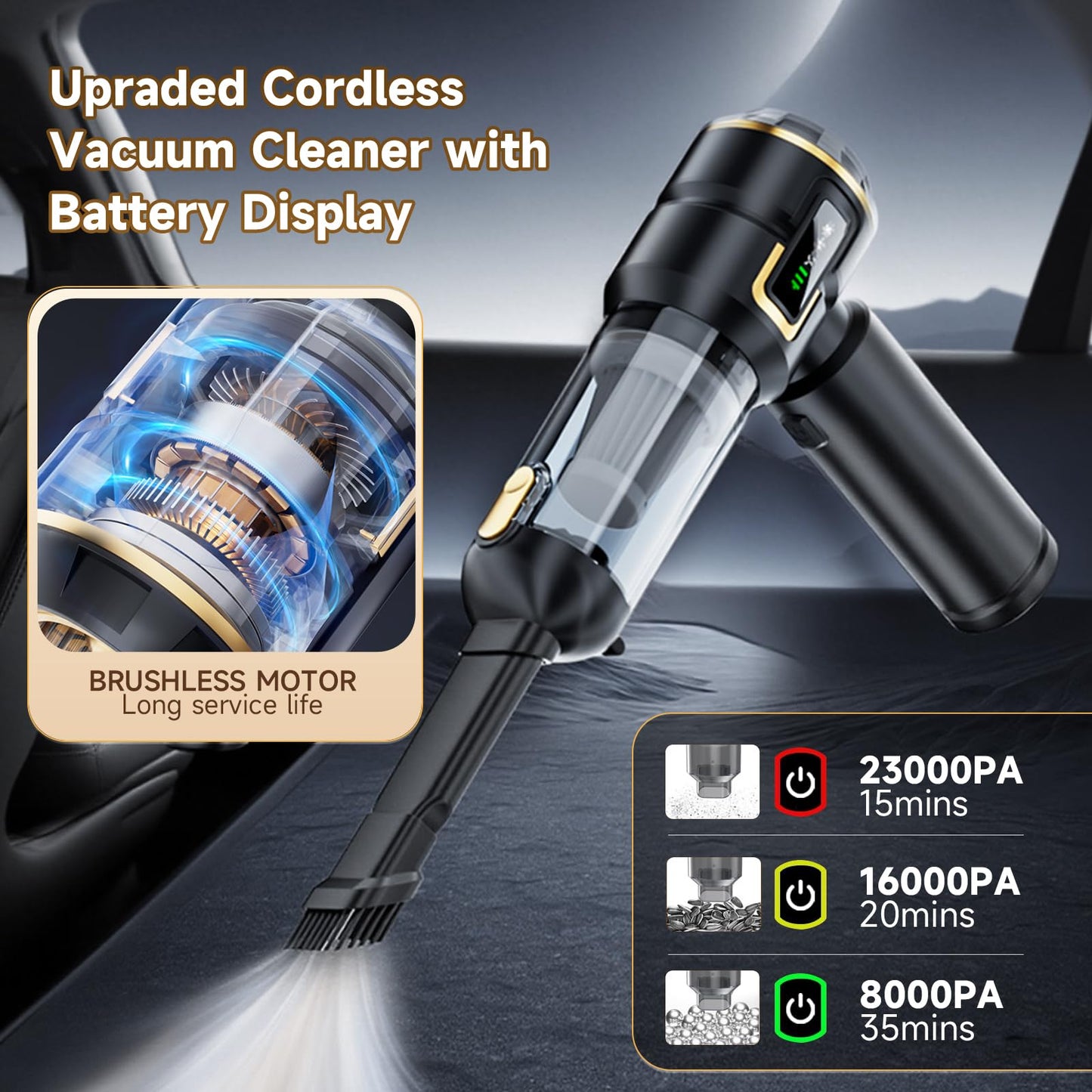 Car Vacuum Cleaner Cordless with Battery Display, 23000PA Mini Handheld Vacuum Cleaner, 4-in-1 Compressed Air Duster & Air Blower & Pump Hand Held Vacuum with Brushless Motor for Car, Home, Office