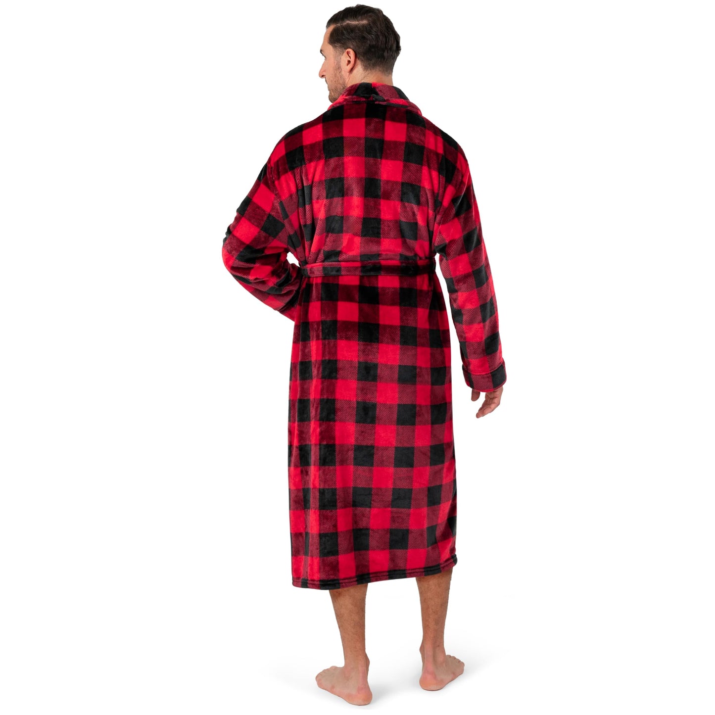 PAVILIA Mens Soft Robe | Warm Fleece Robes for Men, Soft Spa Bathrobe with Shawl Collar and Pockets, Plaid Red, Large-X-Large
