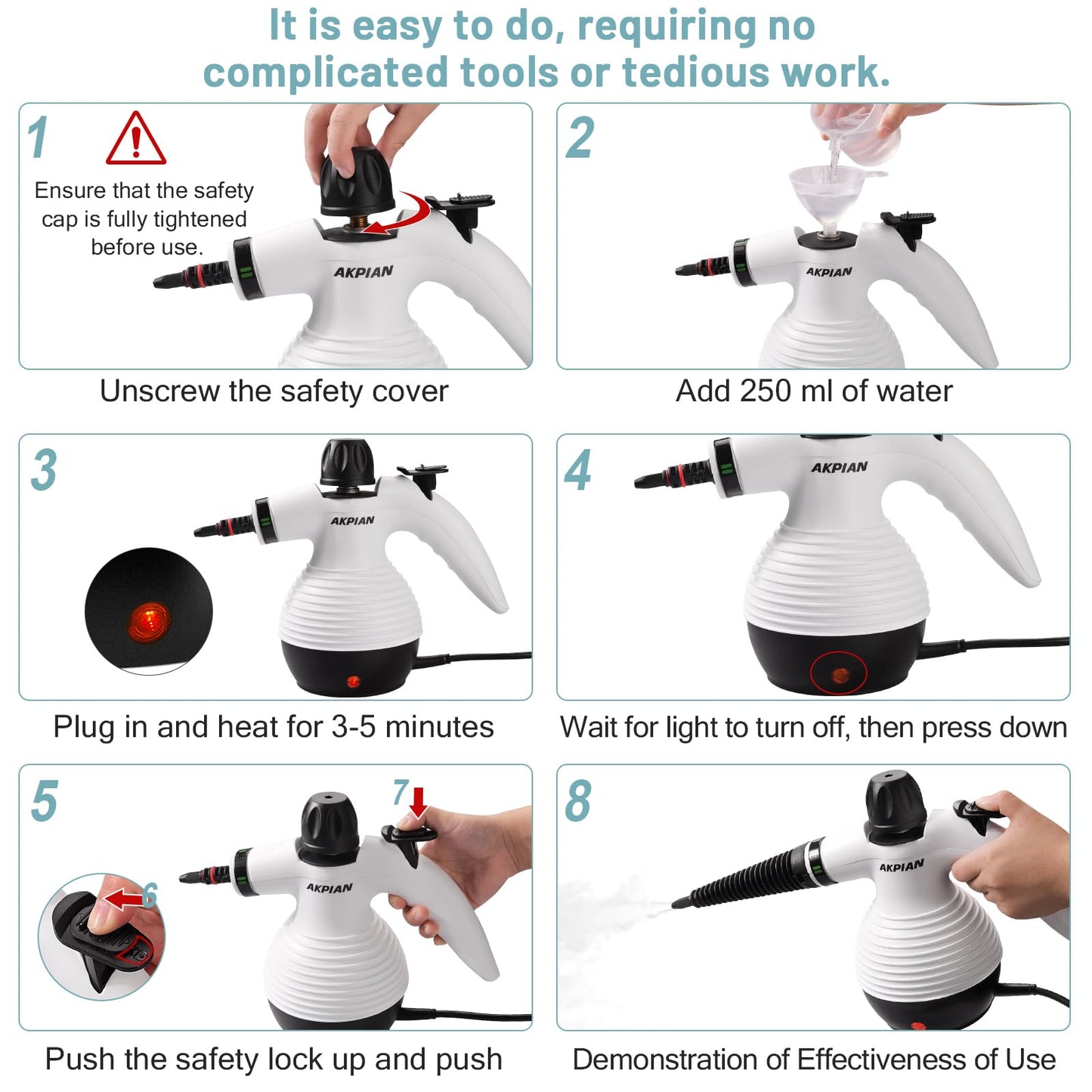 AKPIAN Steam Cleaner for Home, High-Pressure Steamer with 10 Tools, Chemical-Free Deep Cleaning for Tile Grout, Kitchen Stove, Microwave, Couch, Windows (White)