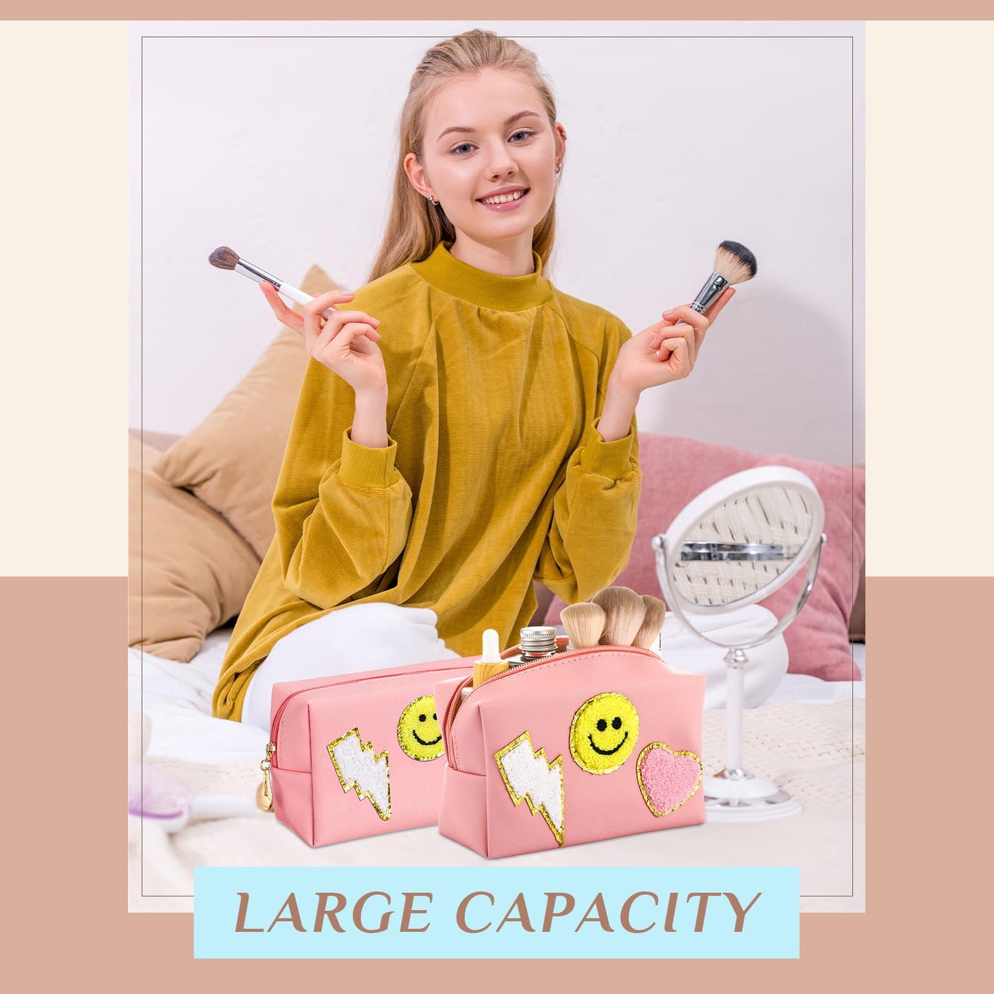 Silkfly 15 Pcs Preppy Patch Makeup Bag Bulk End of The Year Teacher Gifts Bulk Cosmetic Toiletry Bag Smile Lightning Heart PU Leather Portable Waterproof Makeup Cosmetic Purse for Women(Pink)