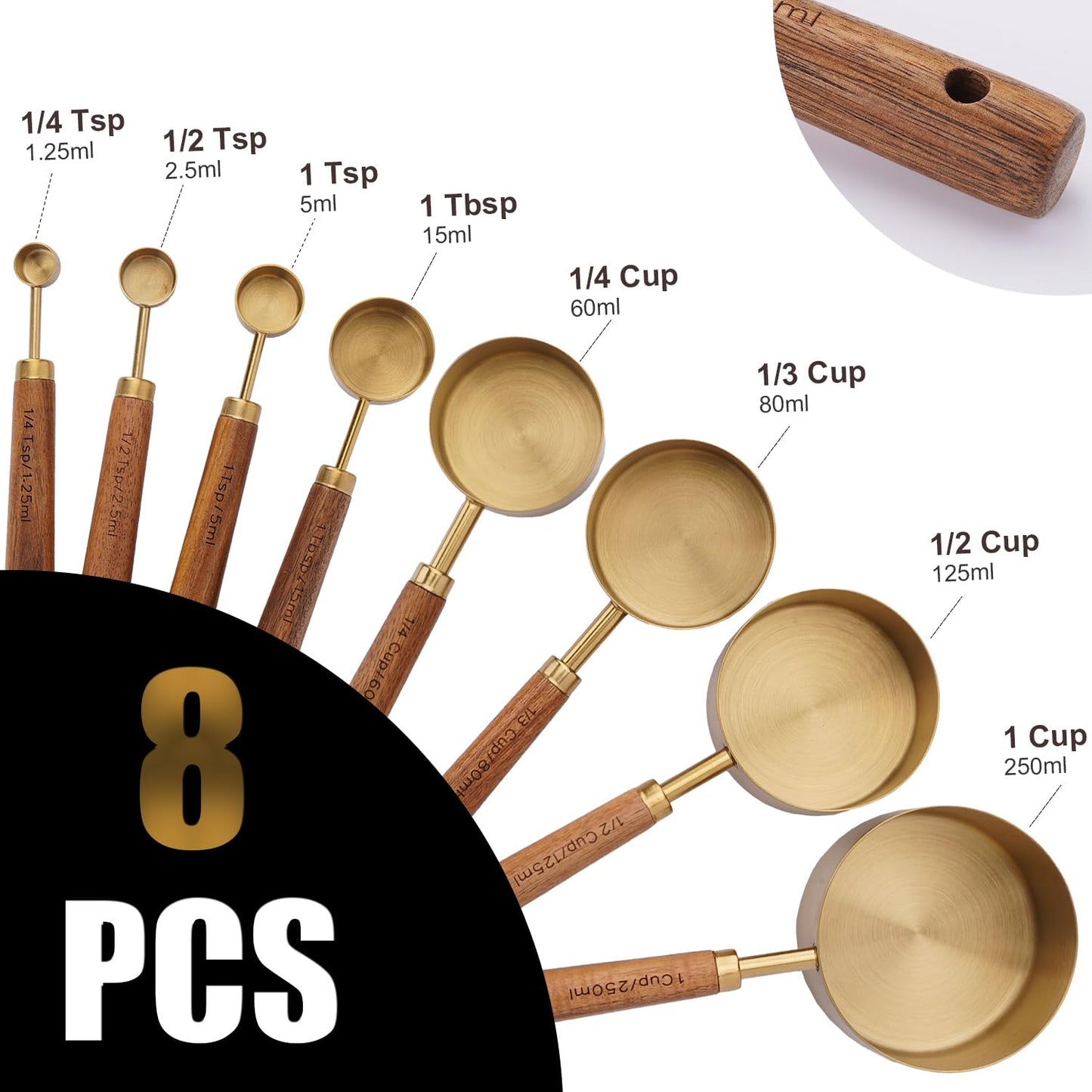 Gold Measuring Cups and Spoons Set with Wood Handles, Premium Stainless Steel Measuring Spoons and Measuring Cups Set 8 Pcs (Gold)