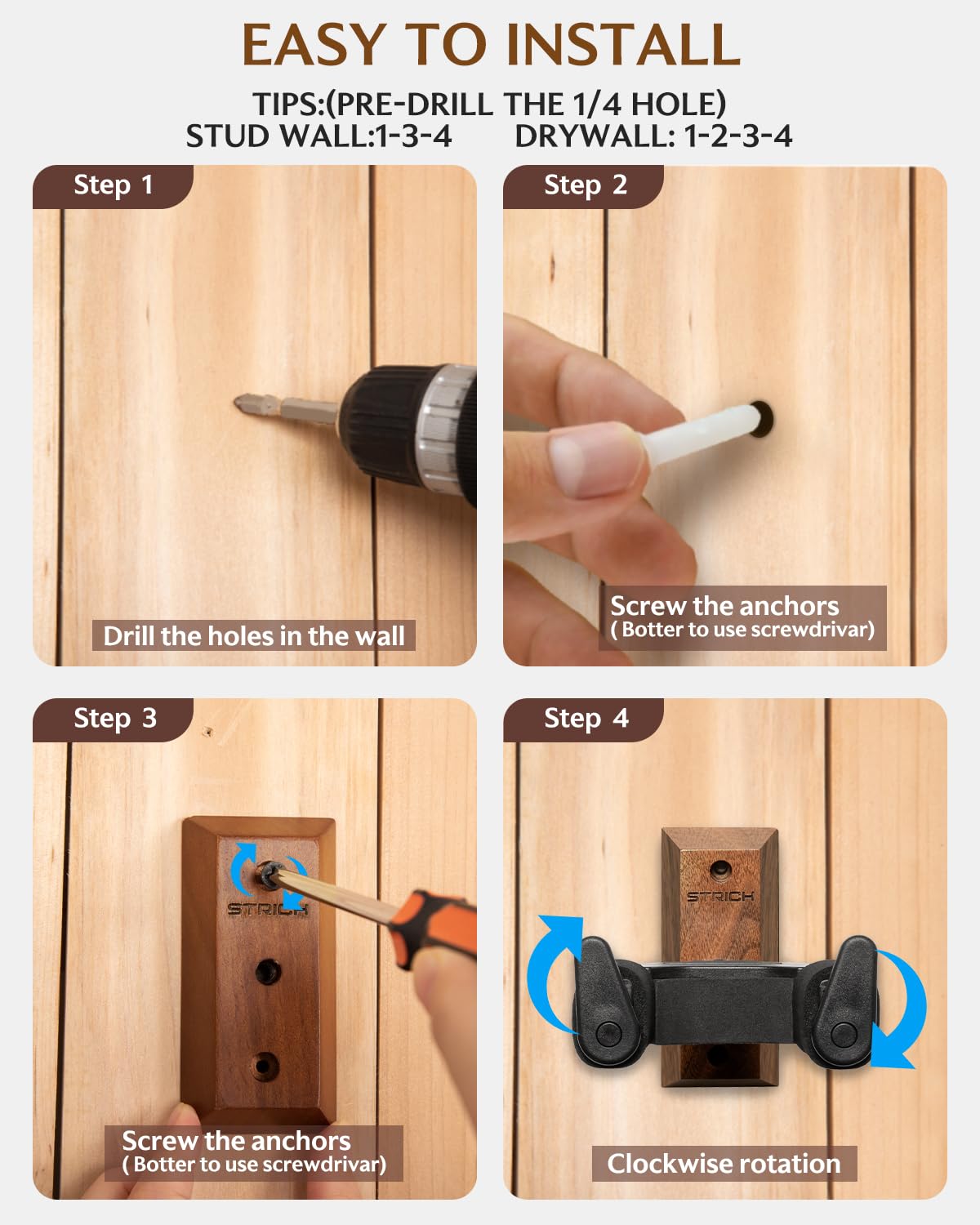 STRICH Guitar Wall Mount,Walnut,U-Shaped with Screws,Auto Lock Guitar Holder Hook for Acoustic, Electric Guitar, Banjo, Bass(3-Pack)