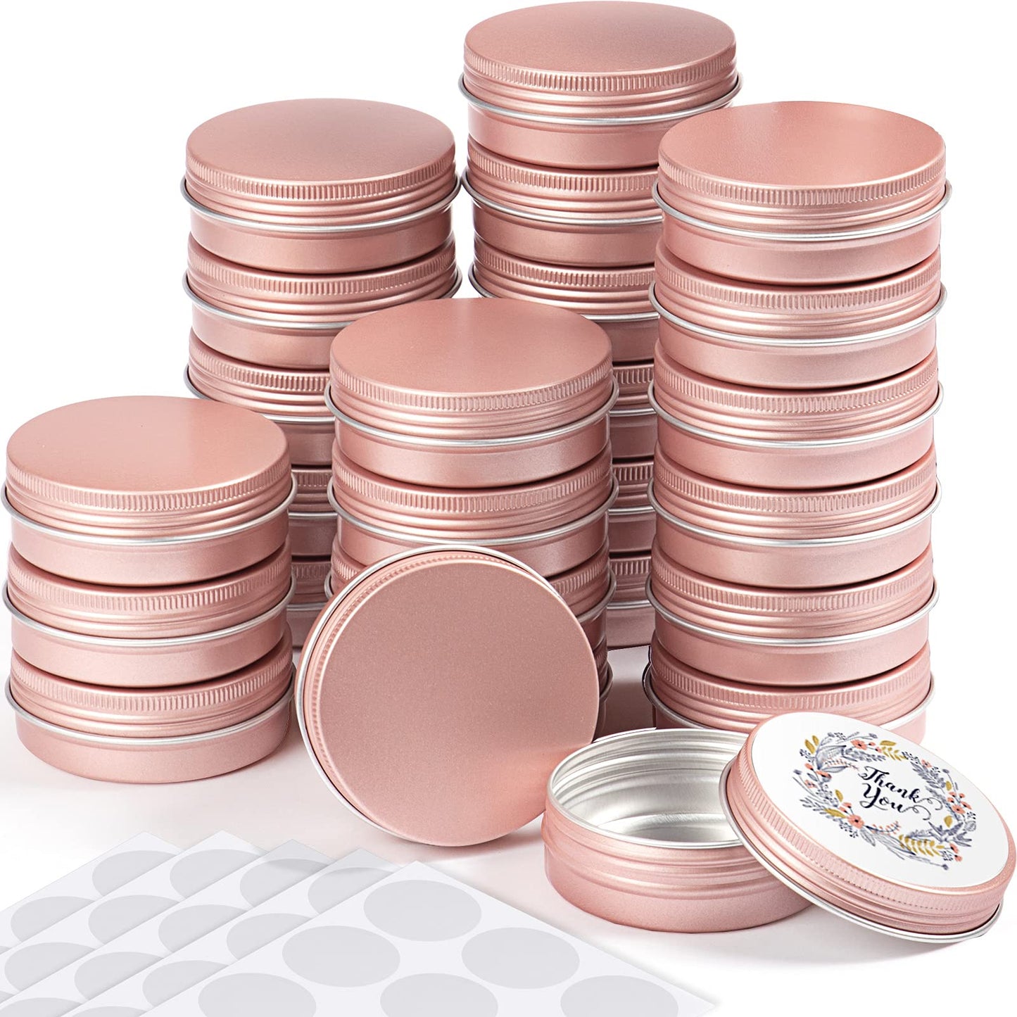 2 oz Metal Round Tins Aluminum Tin Cans Salve Tins Containers with Screw Lid 10 Sheets Stickers for Salve Spice Candies Balms Candles, 36 Pack (Rose Gold)