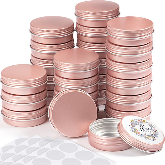 2 oz Metal Round Tins Aluminum Tin Cans Salve Tins Containers with Screw Lid 10 Sheets Stickers for Salve Spice Candies Balms Candles, 36 Pack (Rose Gold)