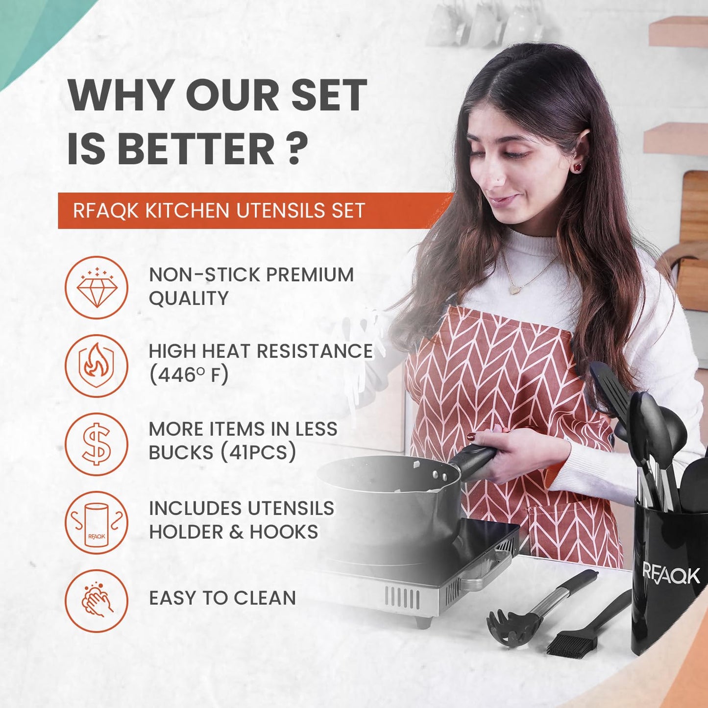 40PCs Silicone Cooking Utensils Set 446℉ Heat Resistance, RFAQK BPA Free Kitchen Utensils Set for Nonstick Cookware, Gadgets Includes Can Opener, Potato Smasher,Peeler,Tongs,Spatula Set,Pizza Cutter