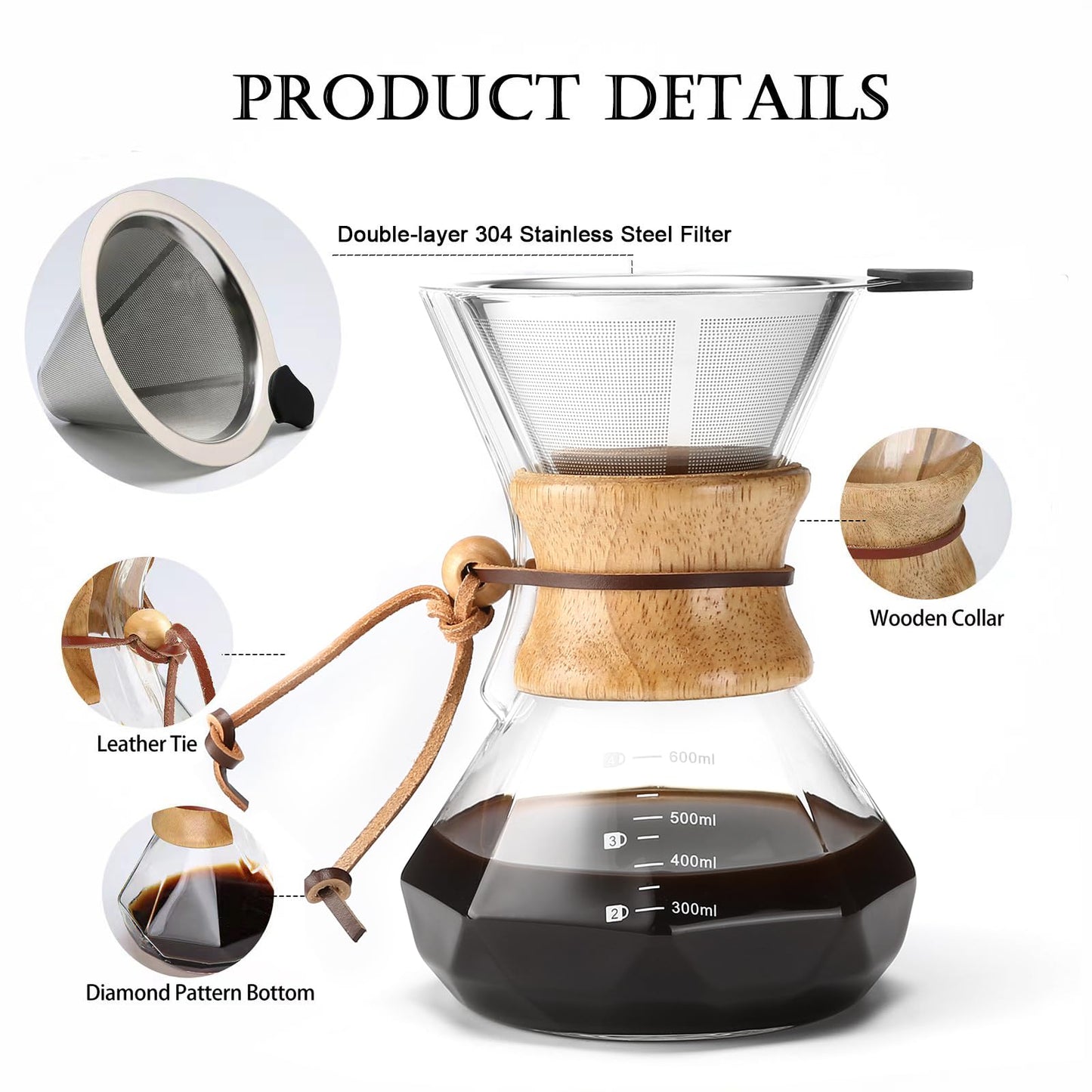 Lalord Pour Over Coffee Maker with Stainless Steel Filter, 600 ml Borosilicate Glass Coffee Maker Carafe, Wooden Collar, Coffee Dripper Brewer, Hold 3 Cups, 20 oz, Clear