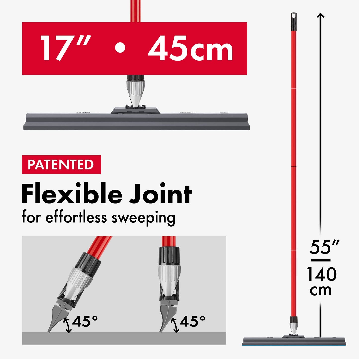 Tyroler Floor Squeegee Heavy Duty, Solid 100% Silicone Squeegee Broom New Aluminum Anti-Rust 4 Part Handle, Adjustable Knuckle Joint, Squeegee Floor for Washing, Drying, Bathroom, Wet Room (45 cm)