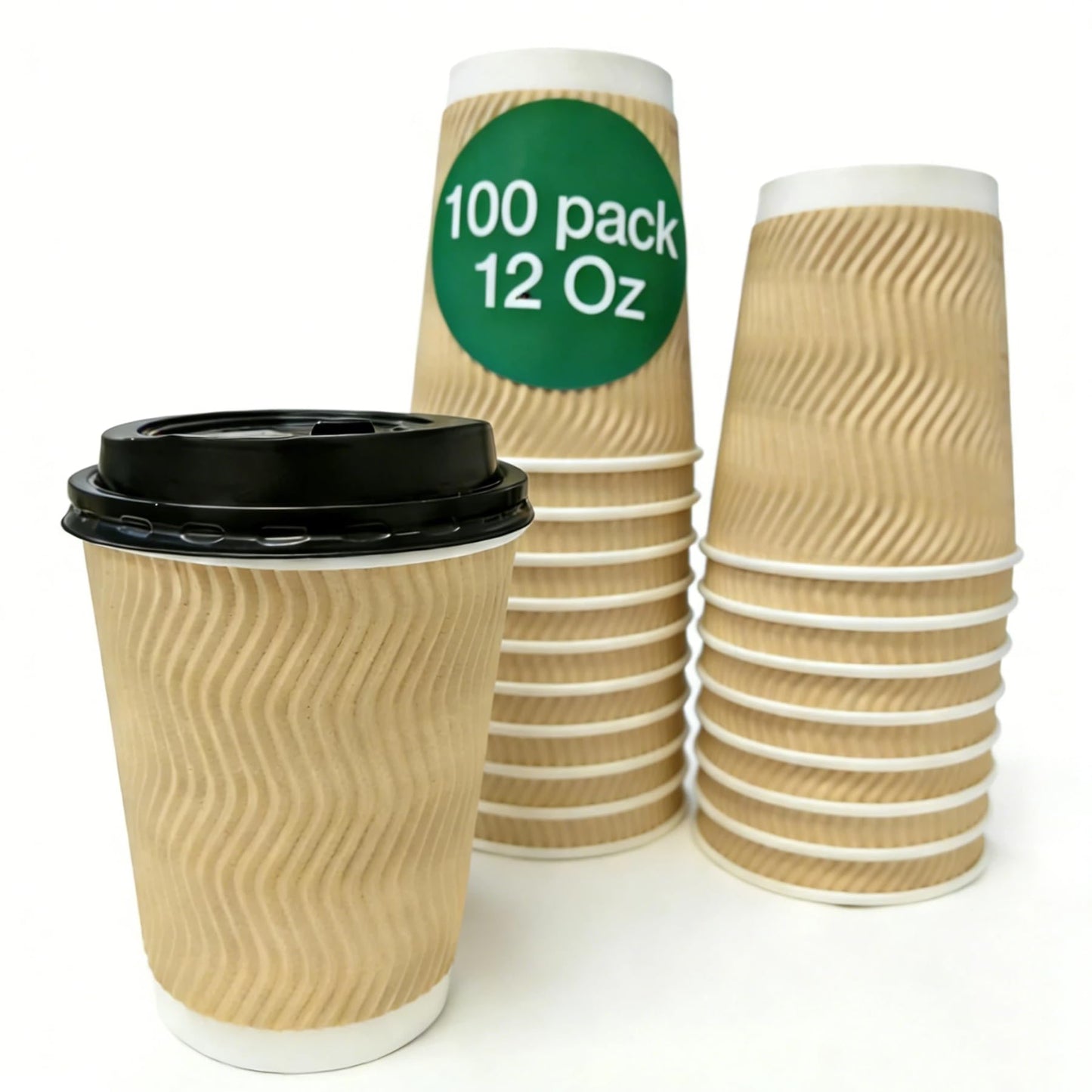 100 Pack Disposable Coffee Cups with lids, Craft Ripple Paper Hot Cups Without Paint for Hot Beverages,Travel and Party Use, Double Paper Disposable hot Cups with Leak-Proof(100pack)