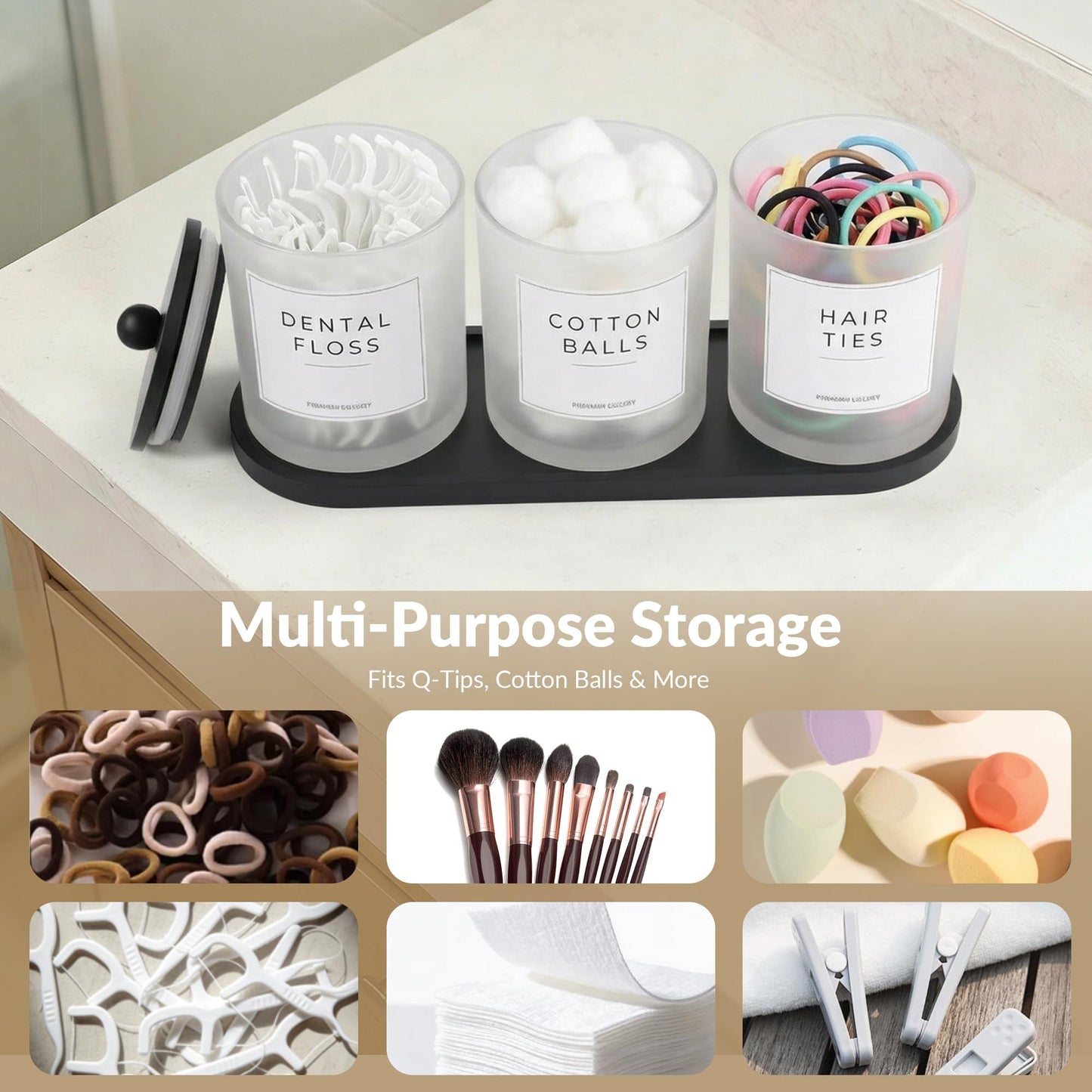 3 Pack Qtip Holder Dispenser - Glass Apothecary Jars with Bamboo Lids, Cotton Ball Pad Swab Round Holder, Floss Pick Containers, Bathroom Organizers with Tray & 14 Labels - Frosted Clear