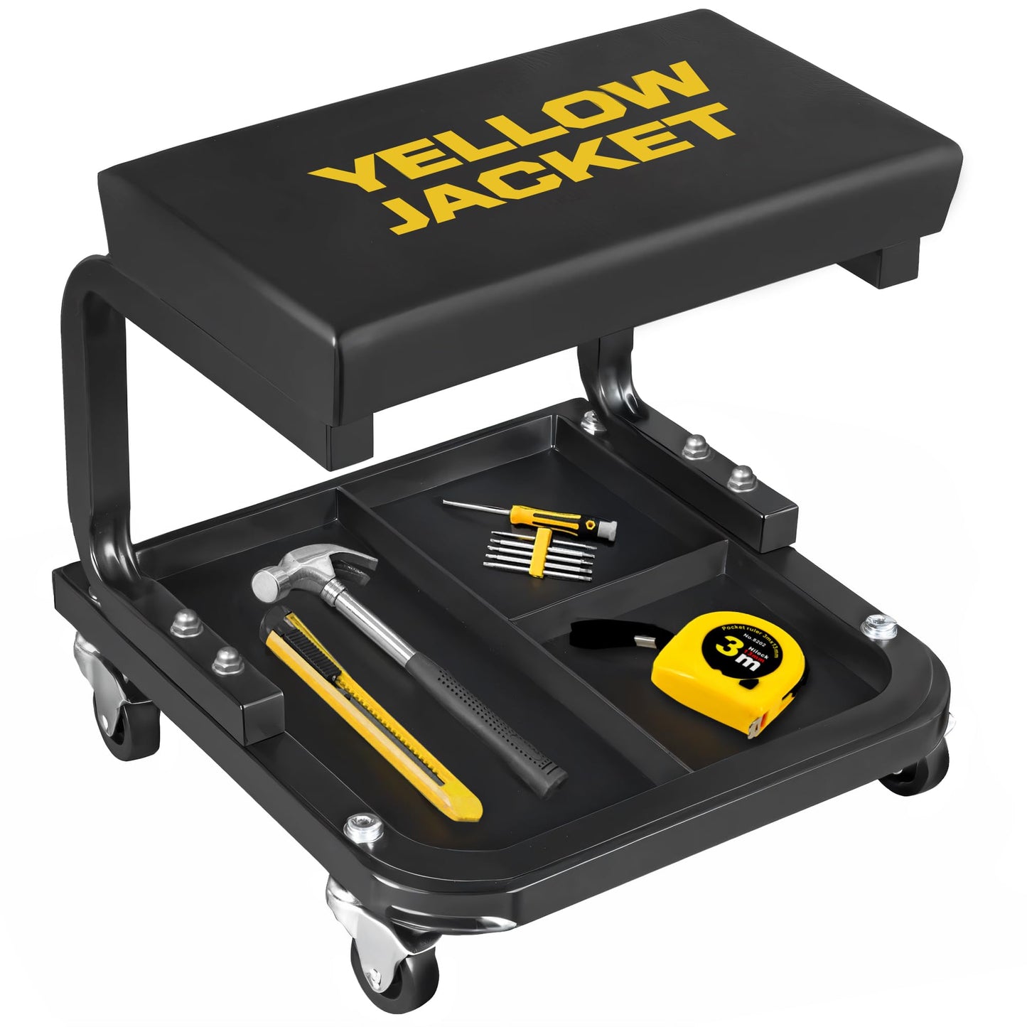 YELLOW JACKET Rolling Stool with Wheels 250 LBS Capacity, Shop Mechanic Stool Garage Seat with Tool Tray Storage Workshop Chair for Garage, Shop, Auto Repair