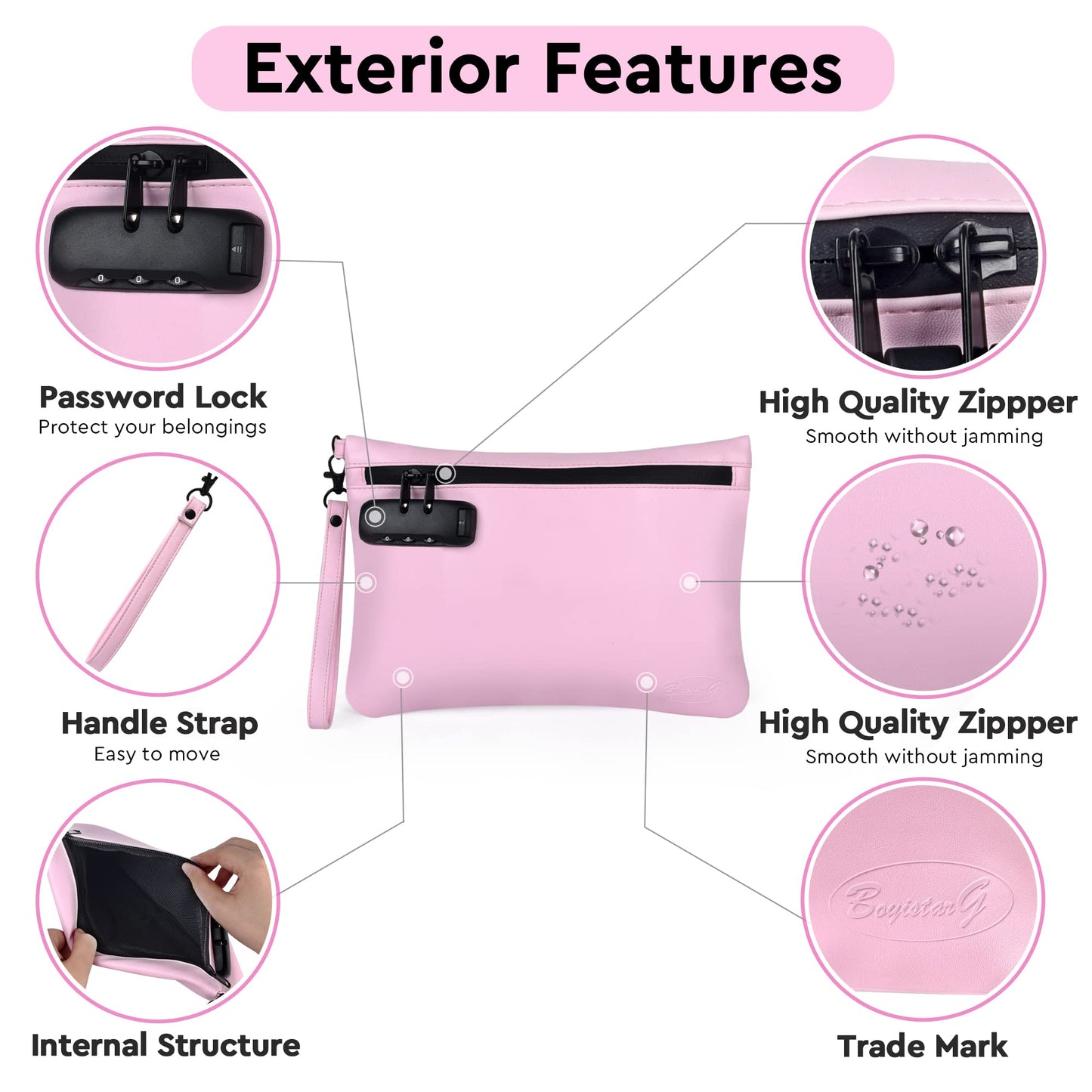 BOYISTARG PU Leather Gift Storage Bags with 8 Items -portable Travel Pouch with Combination Lock – Waterproof Airtight Zippers Bag with Activated Carbon Lining Travel Storage Case for Women -Pink