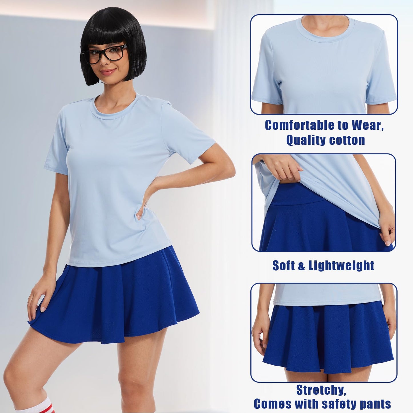 6 Pcs Halloween Nerd Costume for Women, Classic Movie Characters Costume with Bob Wigs Blue Set Socks Glasses (Large)