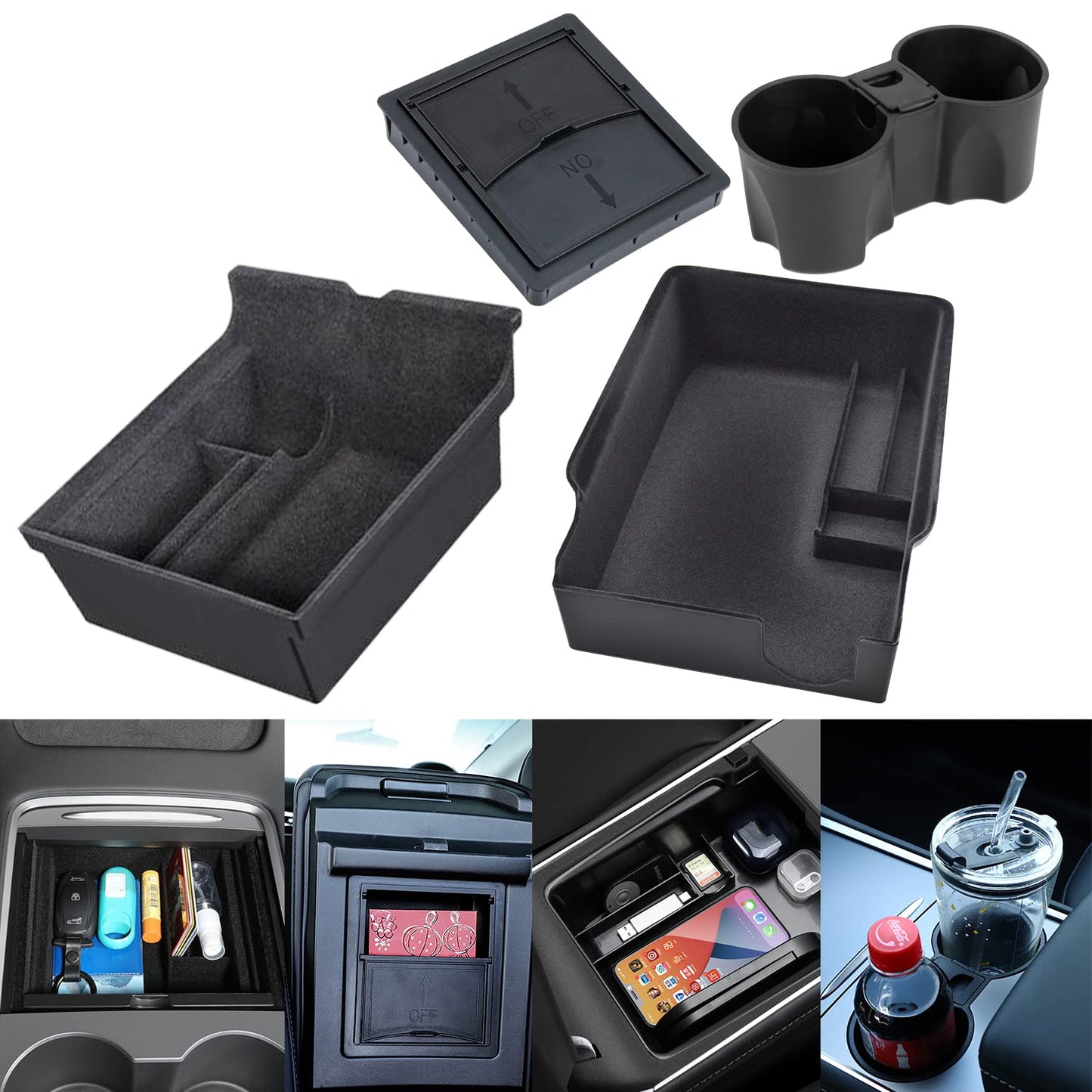 Center Console Organizer Tray Cup Holder Insert 4PCS for 2021 2022 2023 2024 Tesla Model Y and 2021-2023 Tesla Model 3 Interior Accessories Flocked Organizer Armrest Hidden Cubby Drawer Storage Box