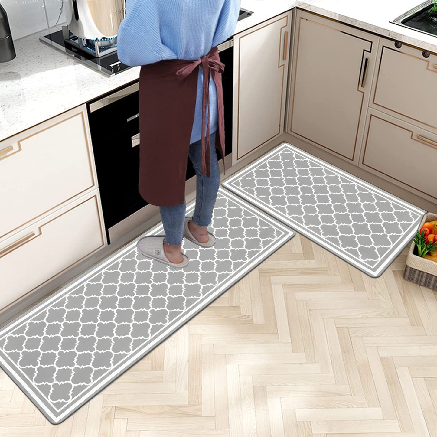 Pauwer Anti Fatigue Kitchen Rug Sets 2 Piece Non Slip Kitchen Floor Mats Waterproof Kitchen Runner Rug Gray Farmhouse Kitchen Rugs and Mats Cushioned Comfort Standing Mat PVC Foam Kitchen Mats