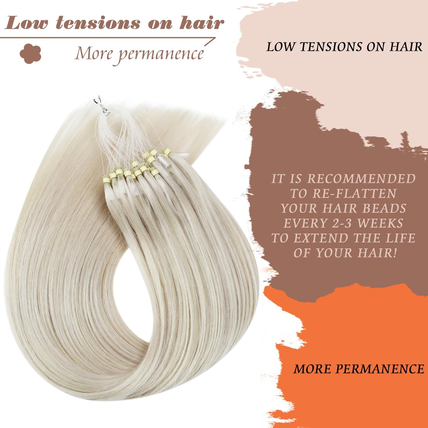 Sunny Hair Micro Beads Hair Extensions Real Human Hair 1g/s 50g Micro Loop Ring Remy Hair Extensions for Women Straight Micro Link Extensions Human Hair White Platinum Blonde 24inch