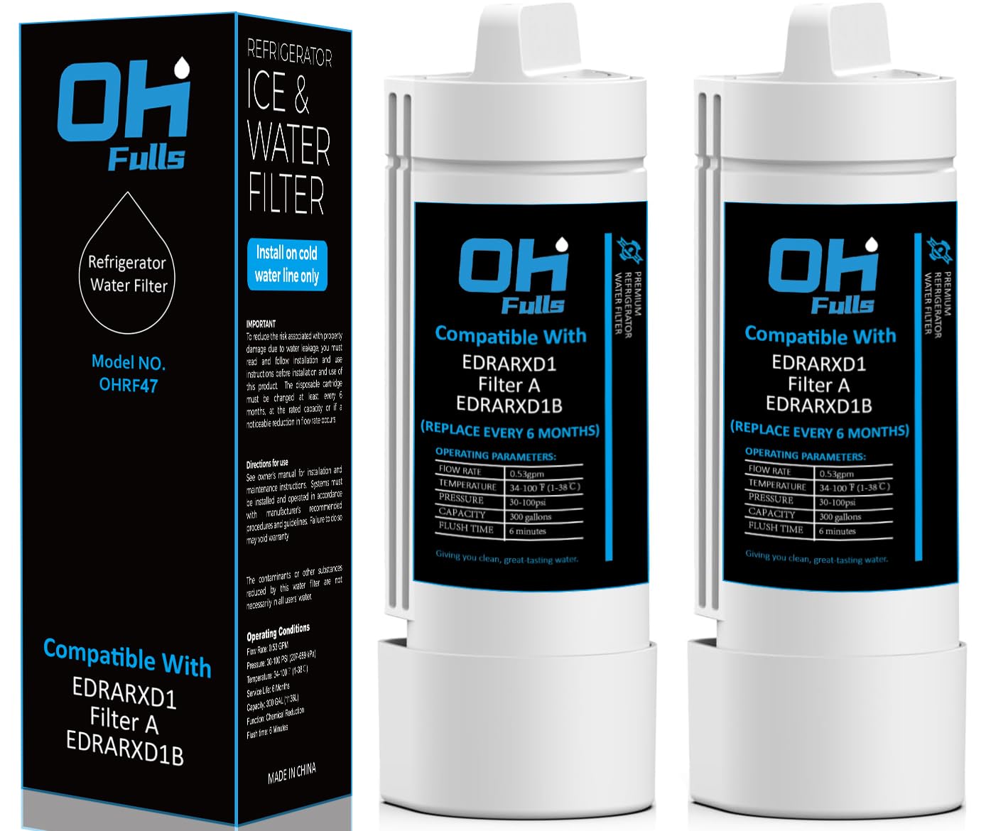 OHFULLS EDRARXD1 Refrigerator Water Filter Replacement, Compatible with EDRARXD1, Everydrop Filter A, EDRARXD1B (2 Pack)