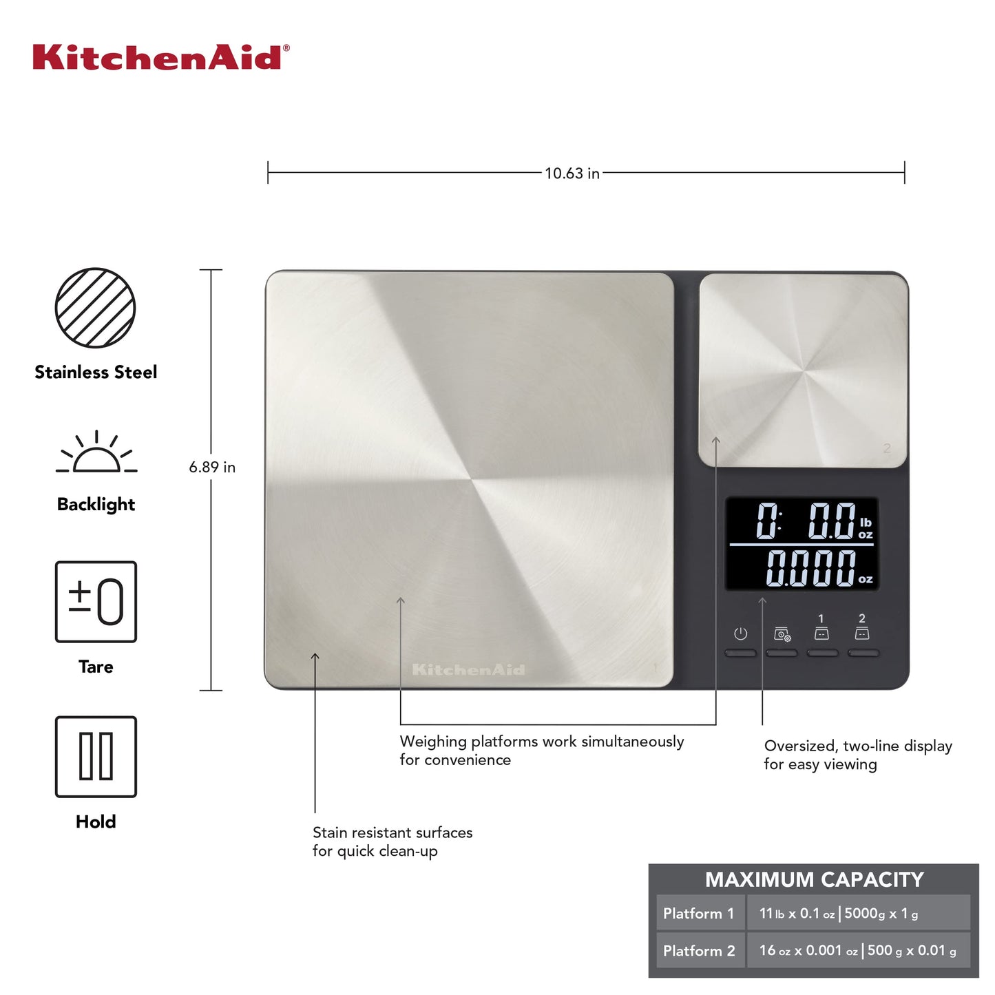 KitchenAid - Digital Kitchen Scale, Dual Platform 11 lb Capacity Food Scale for Baking & Cooking, Precision Weight Scale with Easy Read Display & Compact Durable Design (Black)