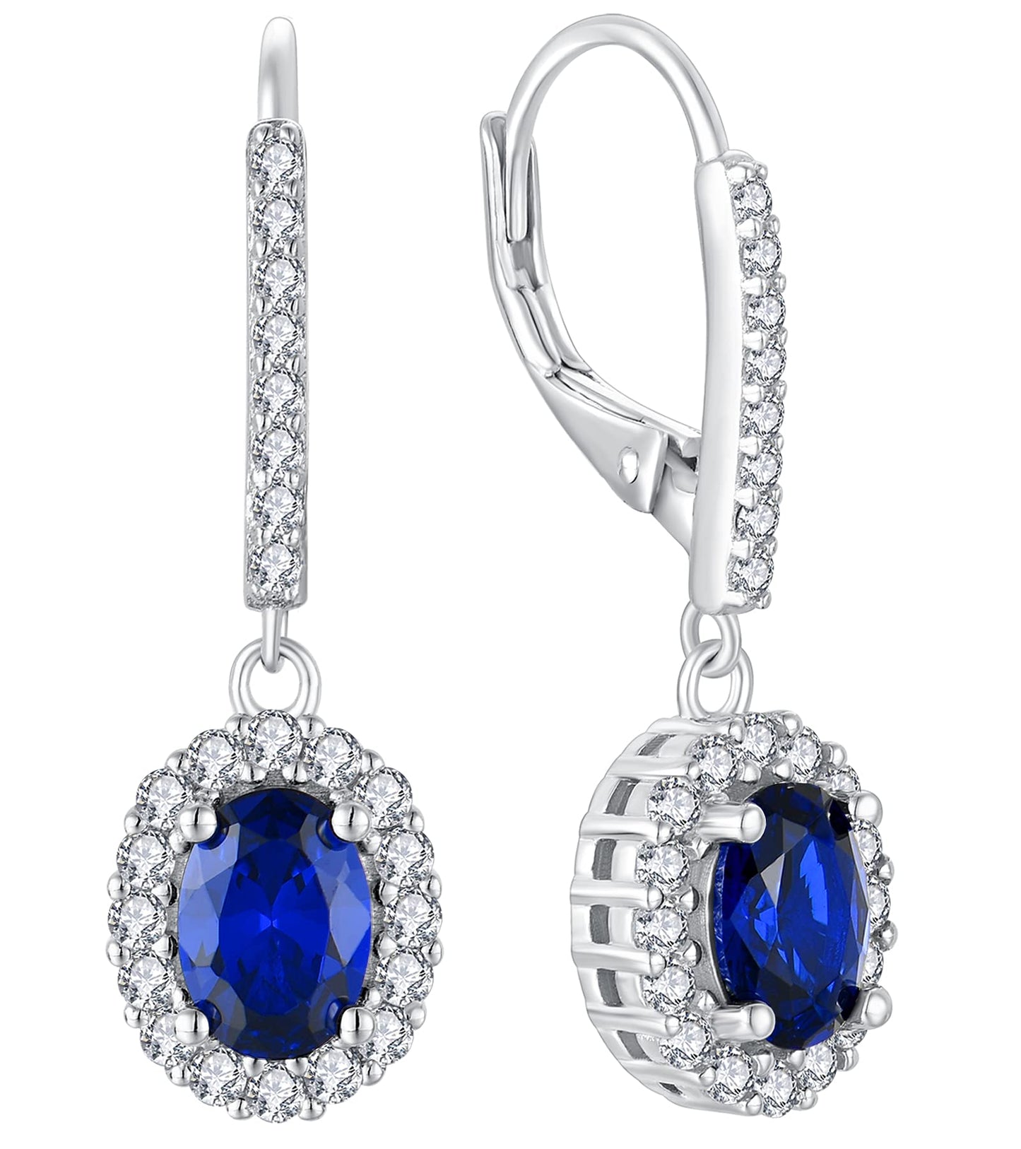 YL Created Blue Sapphire Drop Dangle Earrings for Women, Solid Sterling Silver Oval Cut Halo Gemstone Solitaire Leverback Jewelry Birthday Gifts Mother Her