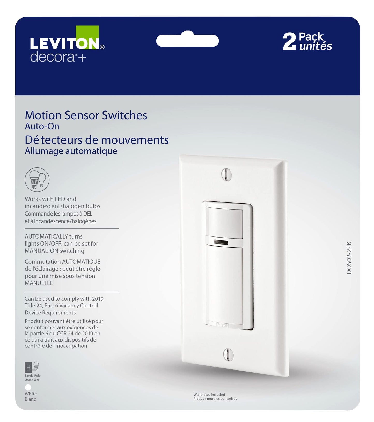 Leviton 2-Pack Decora Occupancy Motion Sensor Light Switch, Auto-On, 2A, Residential Grade, Single Pole, DOS02-2PK, White