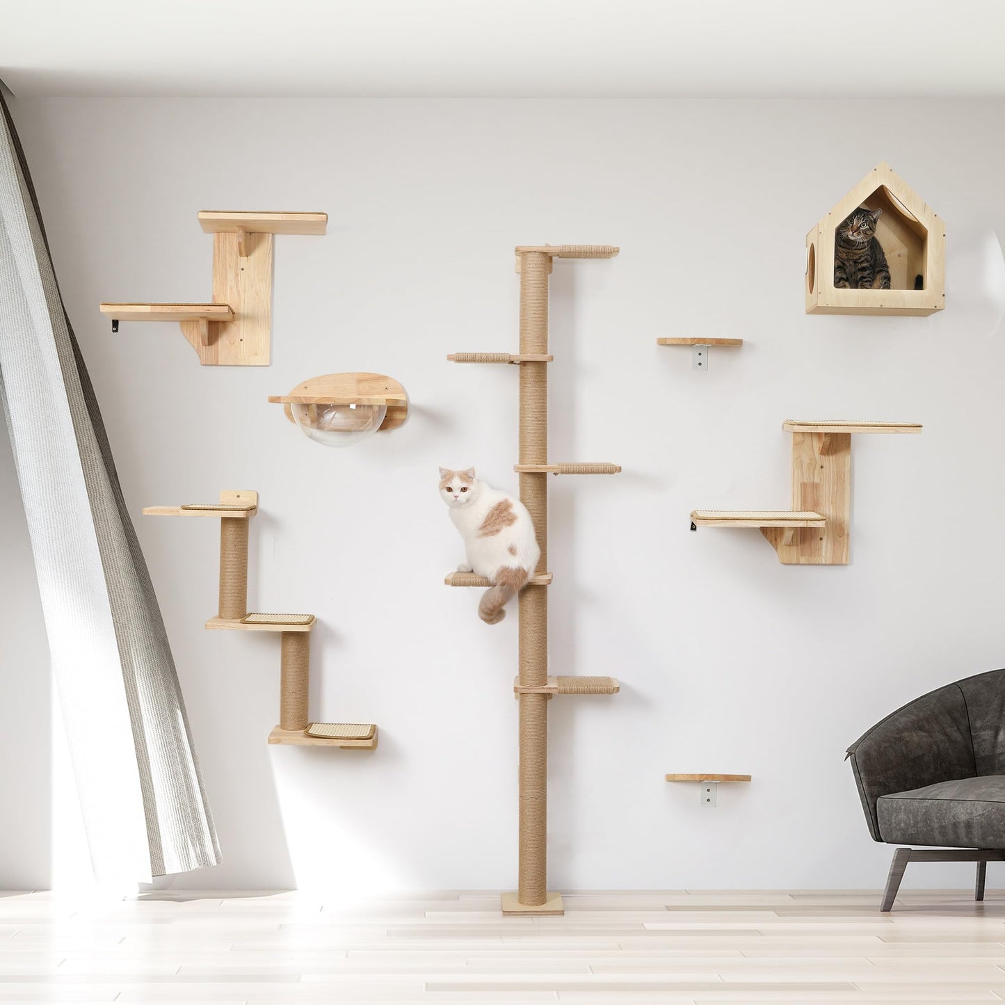 FUKUMARU Cat Wall Shelves, 2 Platform Cat Wall Furniture, Tree Shape Wall-Mounted Cat Floating Shelf with Sisal Mat, Solid Rubber Wood Cat Perch for 16 Inch Drywall, Suitable for Climb, Play, NapQQ