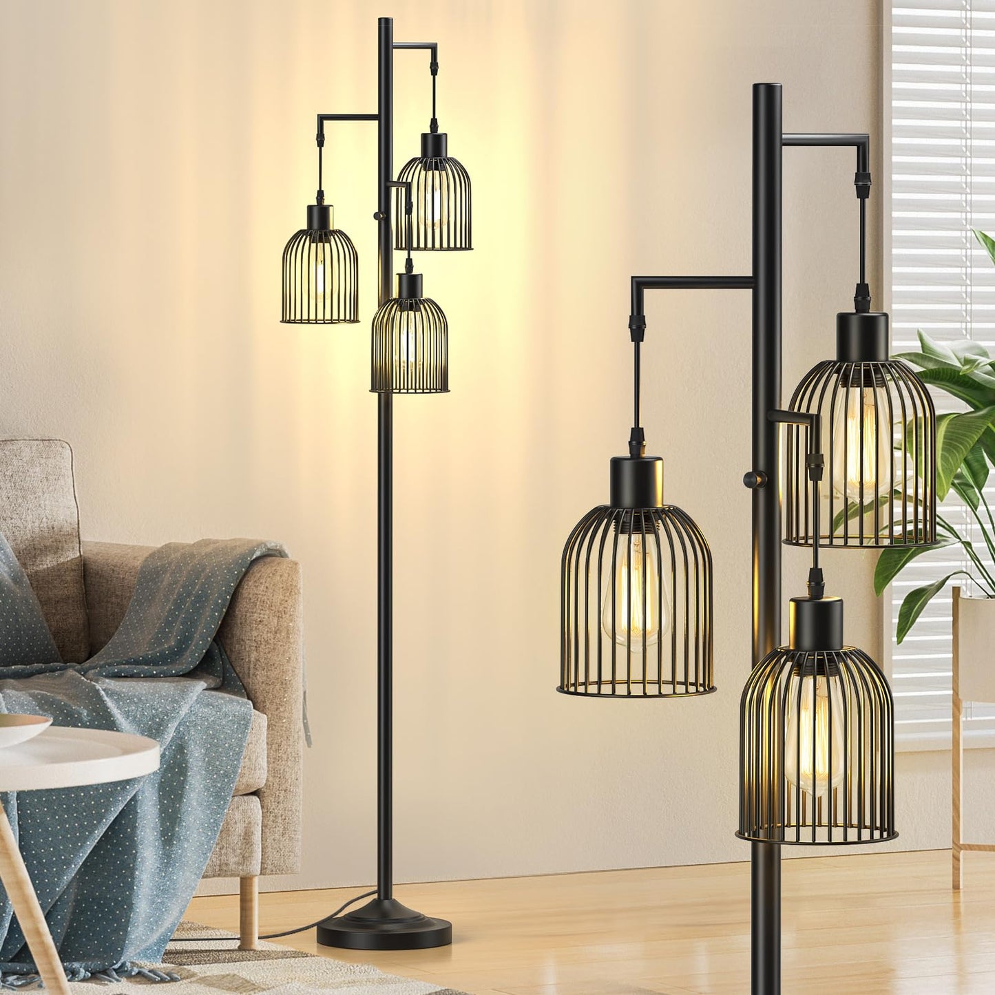 CNXIN Stepless Dimmable Floor Lamps with Hanging Lampshades 3 Lights Boho Floor Lamps with 3 PCS 6W Bulbs Tree Standing Lamp Tall Pole Lamp for Living Room Bedroom Office, Black