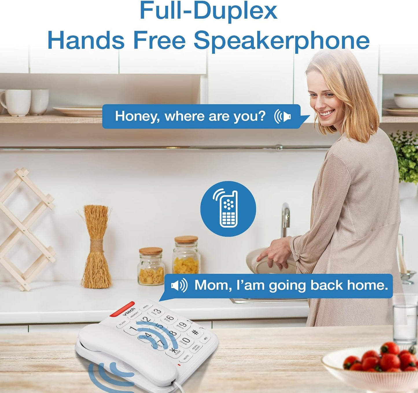 VTech Careline Corded Phone for Seniors, with Oversized High-Contrast Buttons, Talking Digits, Visual LED Ringer, Full-Duplex Base Speakerphone, 10 Number Speed Dial, SN1107
