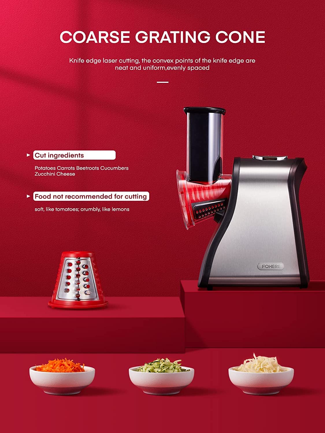FOHERE Electric Cheese Grater, Electric Grater Shredder with 4 Interchangeable Cones, One Touch Easy Control, Multi Salad Maker for Vegetables, Cheeses and Nuts, 150W