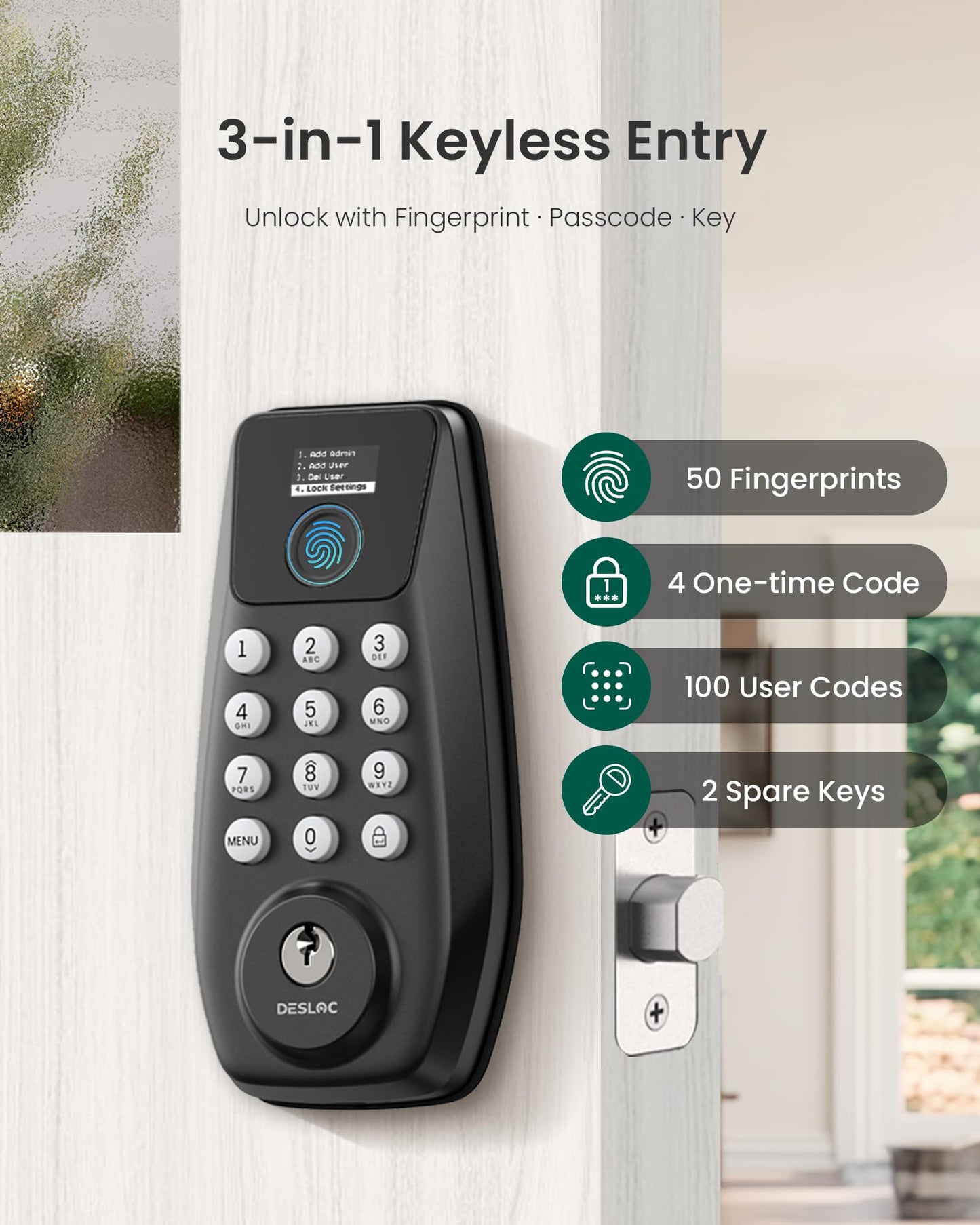 DESLOC C110 Fingerprint Keyless Entry Door Locks, Front Door Smart Lock Deadbolt with 2 Keys, Auto-Lock, Backlit Keypad, 12 Months Battery, IP54 Waterproof, BHMA Grade 3 (Black)