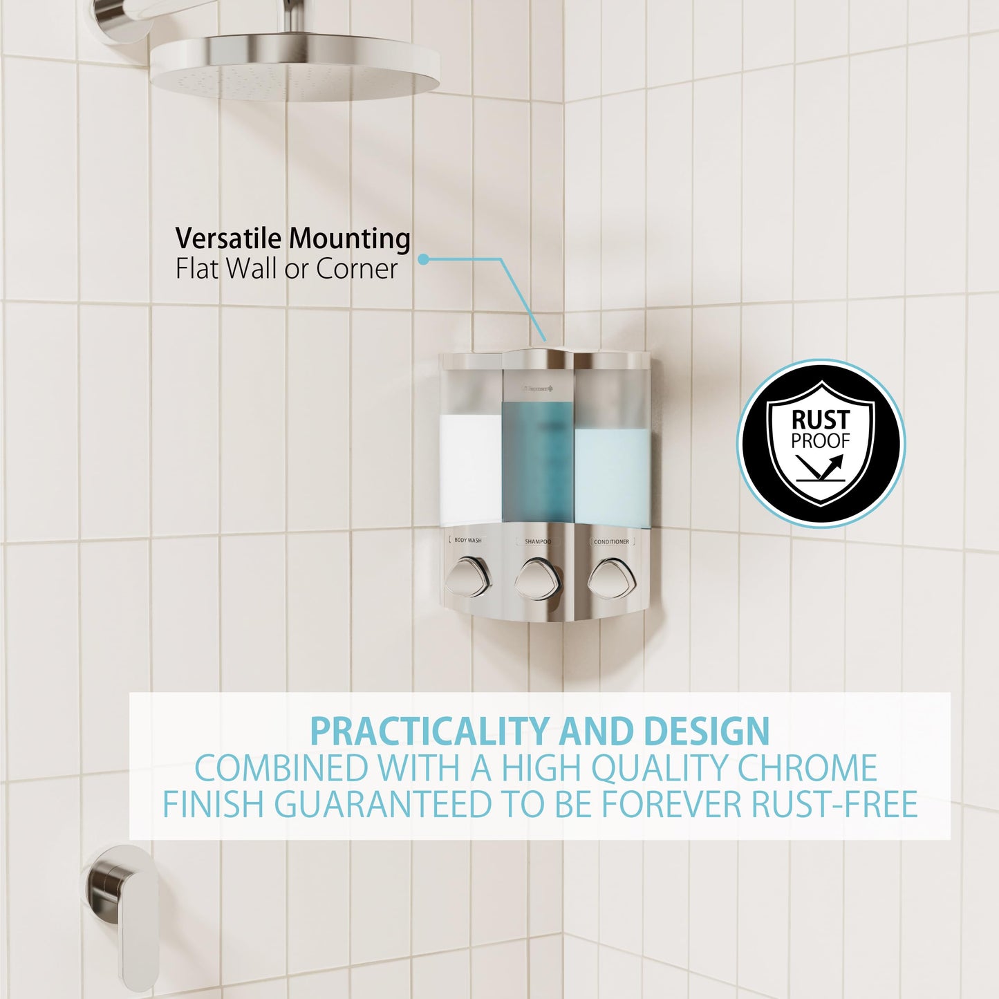 Better Living Products Euro Series TRIO Three Chamber Soap and Shower Dispenser, Chrome
