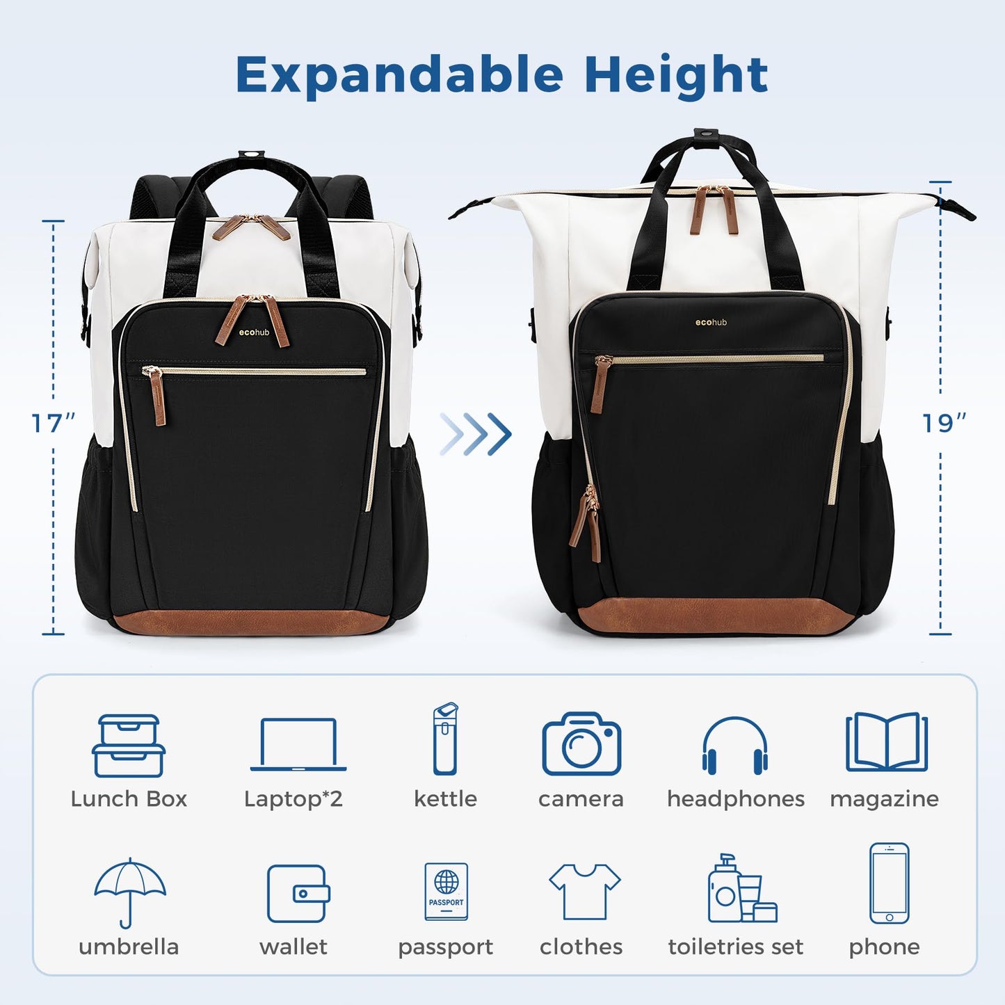 ECOHUB 17" Small Travel Backpack, United Airlines Personal Item Bag 17x10x9 with 13 Pockets, Water Resistant Fit 15.6" Laptop Lightweight Casual Daypack, Black