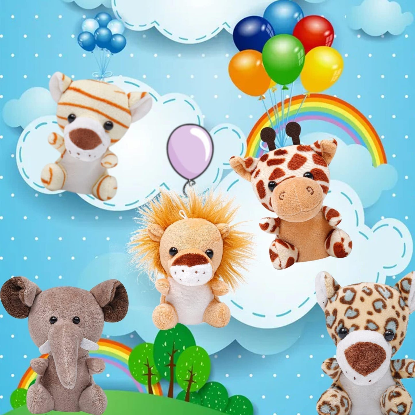 Anboor 10pcs Small Stuffed Animals—Jungle Animal Plush Set 4.8 Inch Cute Safari Stuffed Animals with Keychain for Animal Themed Party Favors Valentines Day Gifts (Sitting,Lying)