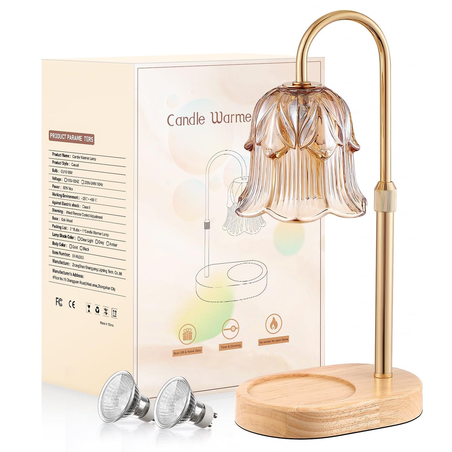 Candle Warmer Lamp with Timer - Adjustable Height Electric Candle Warmer Lamp with Dimmer, Flower Glass Shade Wax Melt Warmer with Wood Base, Dimmable Halogen Candle Warmer for Jar Candles Home Decor