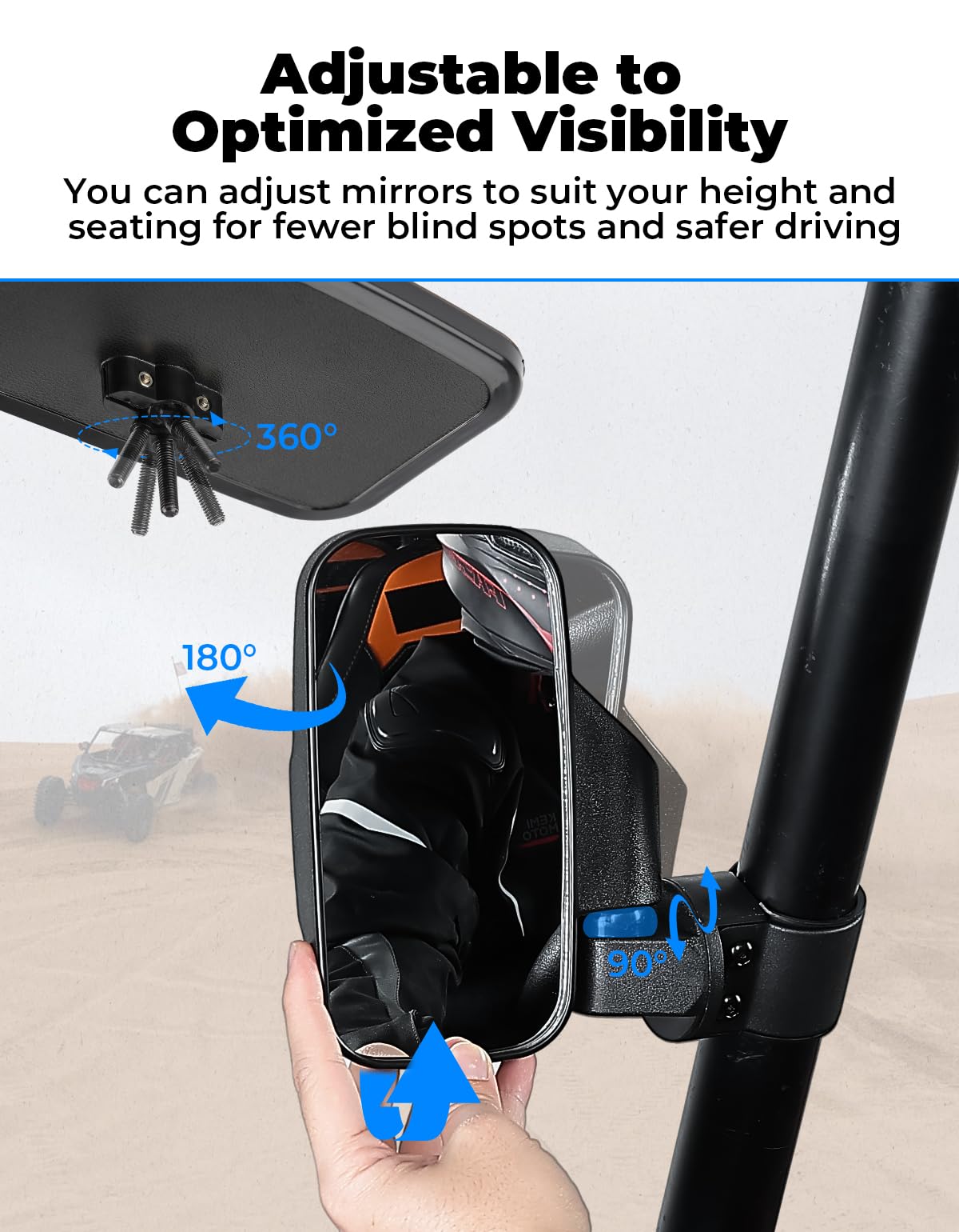 KEMIMOTO UTV Side Mirrors And Center Mirror with 1.6" to 2" Roll Bar Cage, Adjustable Rear View Side Mirrors Compatible with Polaris RZR, Zforce, Commander Maverick X3, Viking, Rhino, Teryx