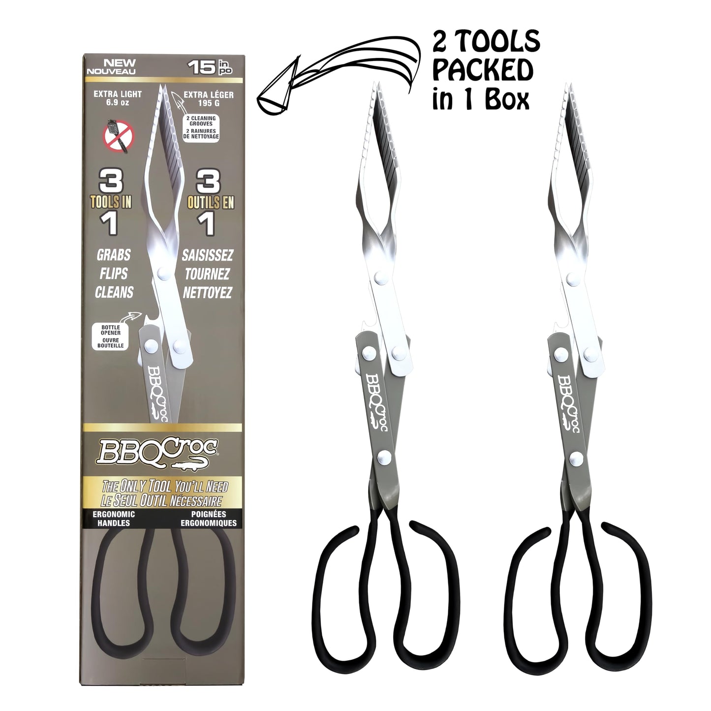 BBQ Croc 3 in 1 Barbecue Tool 15-inch - Extra Light Tongs, Spatula and Grill Scraper (Green) (15 inch (Pack of 2))