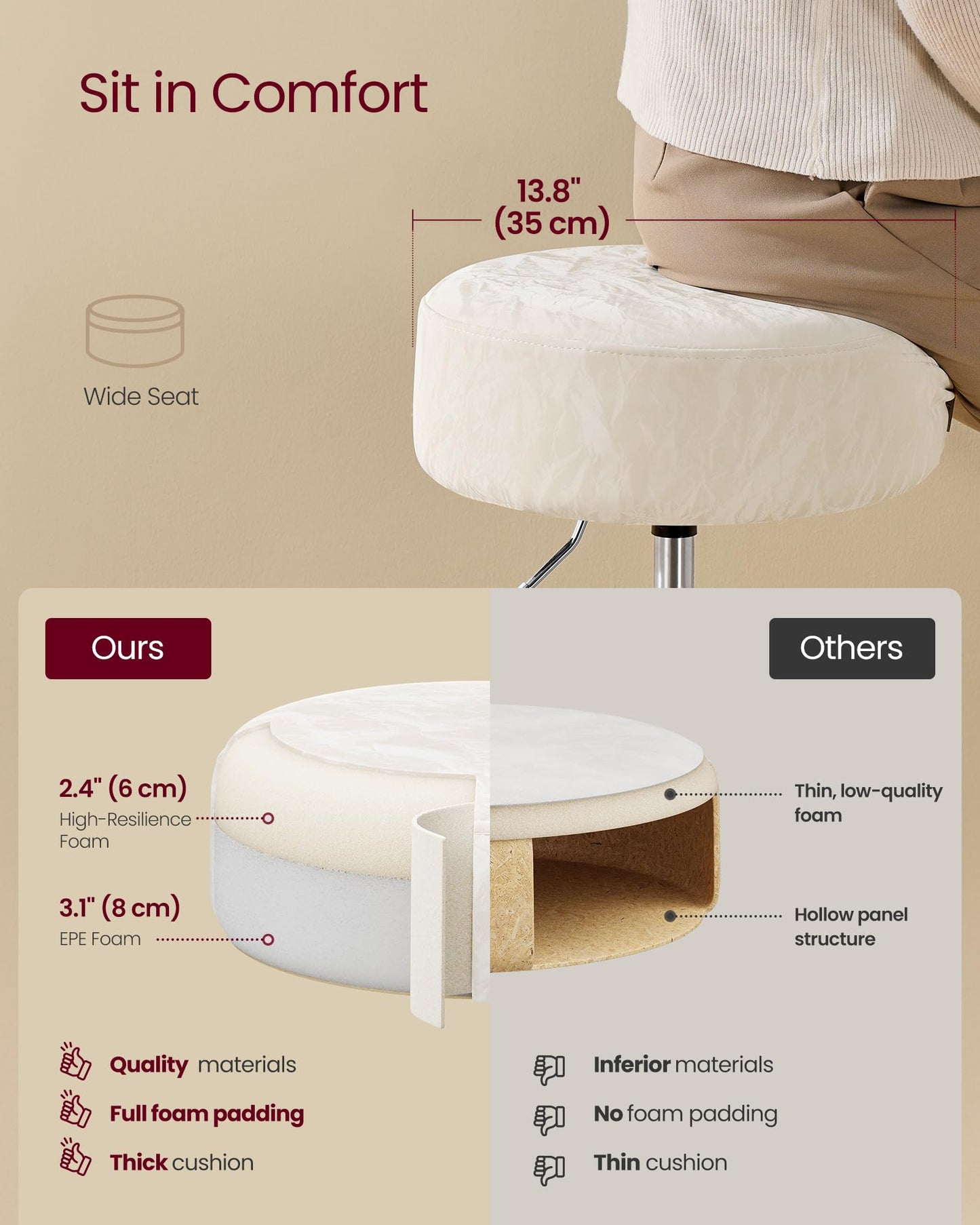 VASAGLE Adjustable Vanity Stool, Makeup Vanity Chair, 360° Swivel, PU Upholstery, Thick Cushion, for Bedroom, Kitchen, Dining Room, Modern, Cream White ULJB120W01