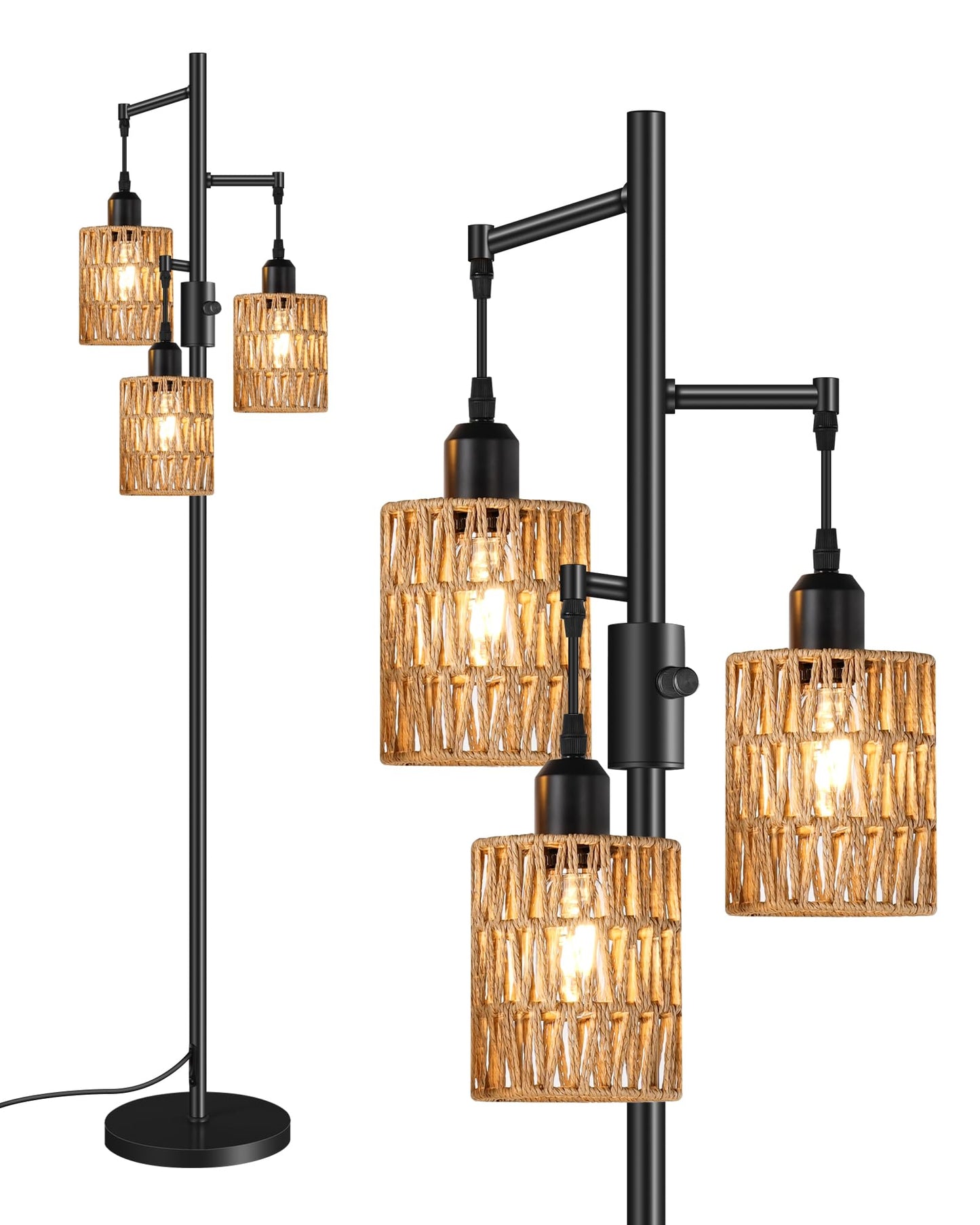 GOEBLESON Dimmable Floor Lamp, Farmhouse 178CM Tall Standing Tree Lamp with 3 Rope Woven Bamboo Lampshades, Boho Rattan Floor Lights, 4W 3 LED Bulbs Included, for Living Room, Bedroom, Study, B03LD05