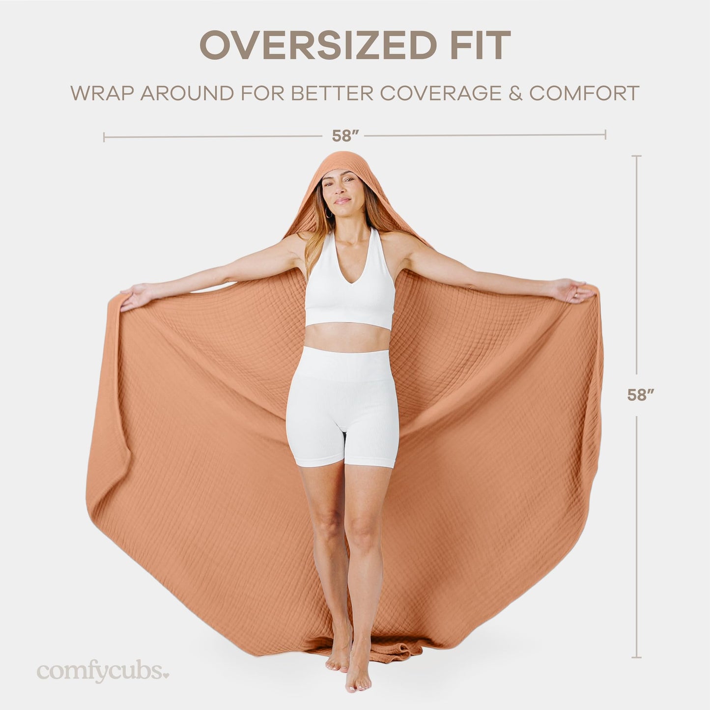 Comfy Cubs Adult Blanket - Hooded Towel, Muslin Cotton - Large, Absorbent Bath Towels - for Beach & Bath - Stylish Blanket with Hood, Perfectly Oversized Hooded Towel for Grown Ups, Caramel