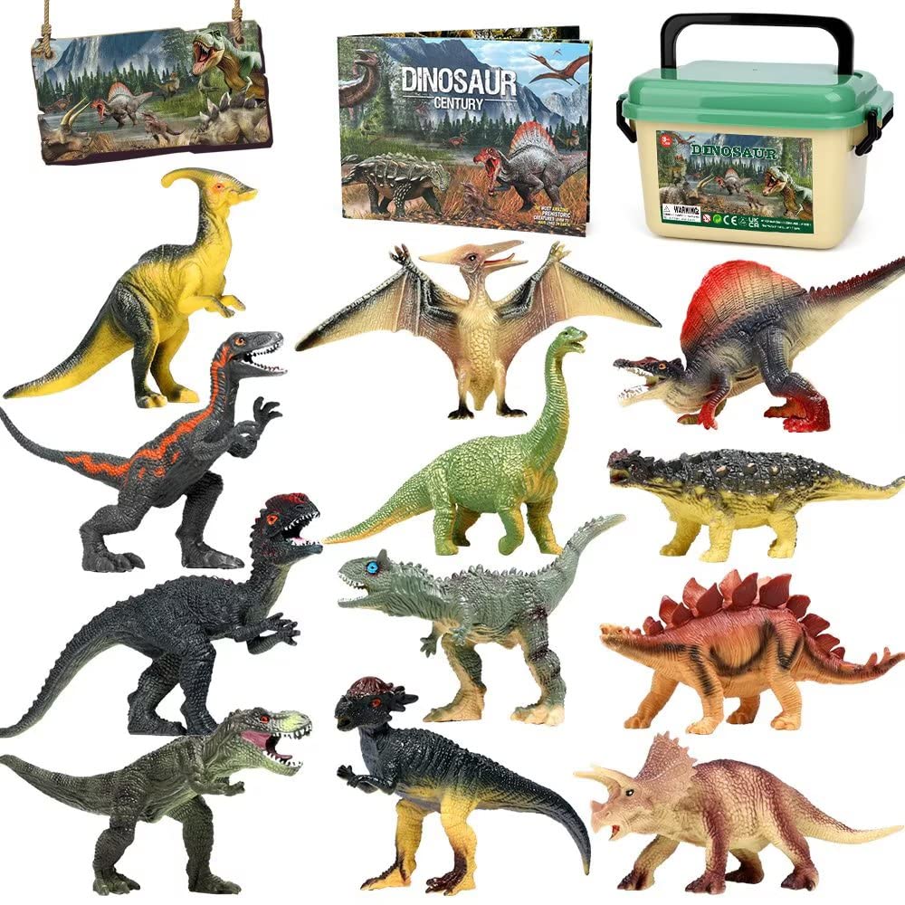 FRUSE Jurassic Dinosaur Toys,12 PCS Realistic Jumbo Dinosaur Figurines,Educational Dino Figure Playset w/Information Dino Book Easter Day Toy for Kids