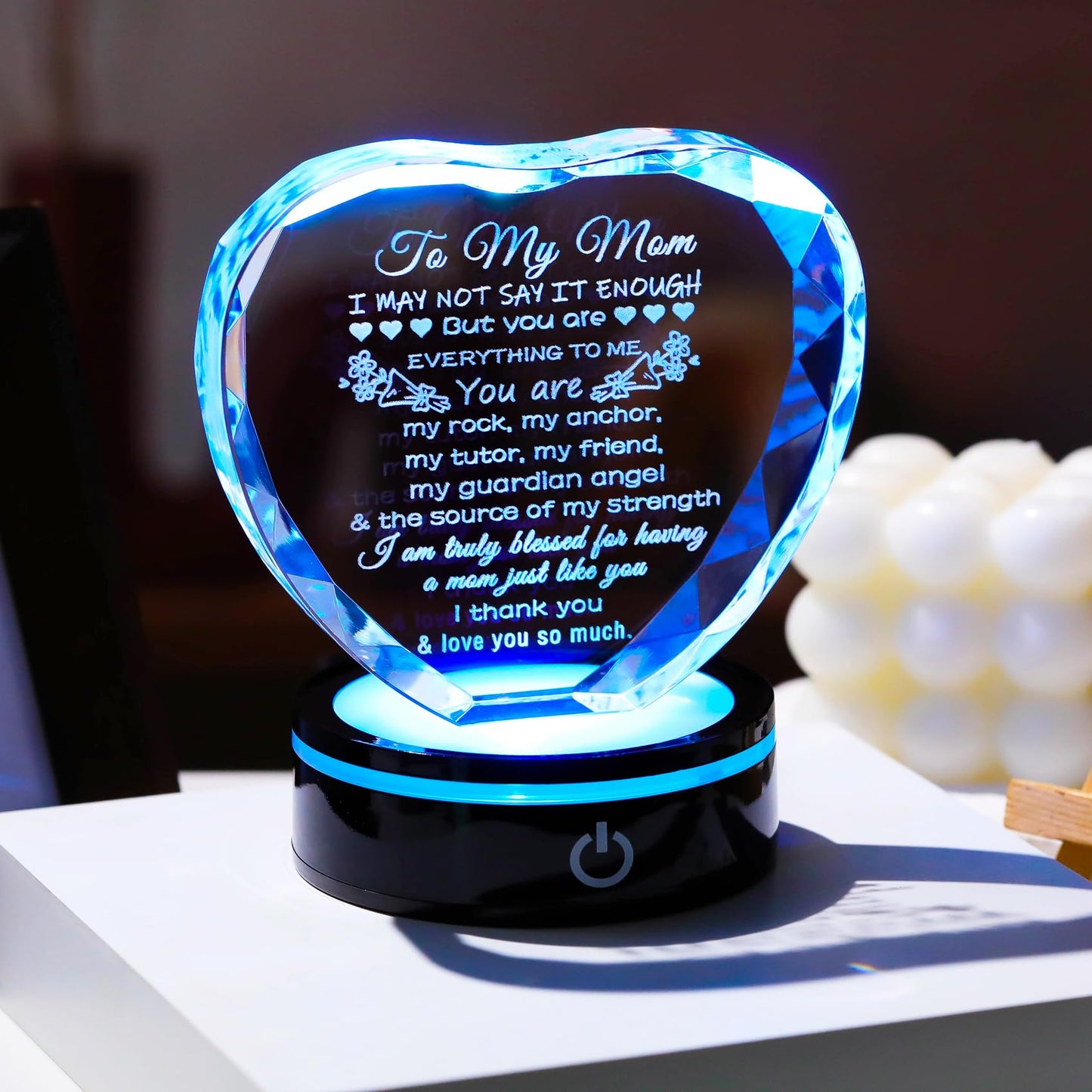 YWHL Gifts for Mom from Daughter Son Moms Birthday Gifts Unique Heart Crystal Laser Words Gift for Mom with Colorful Base on Mothers Day Thanksgiving Day Christmas Valentine's Day