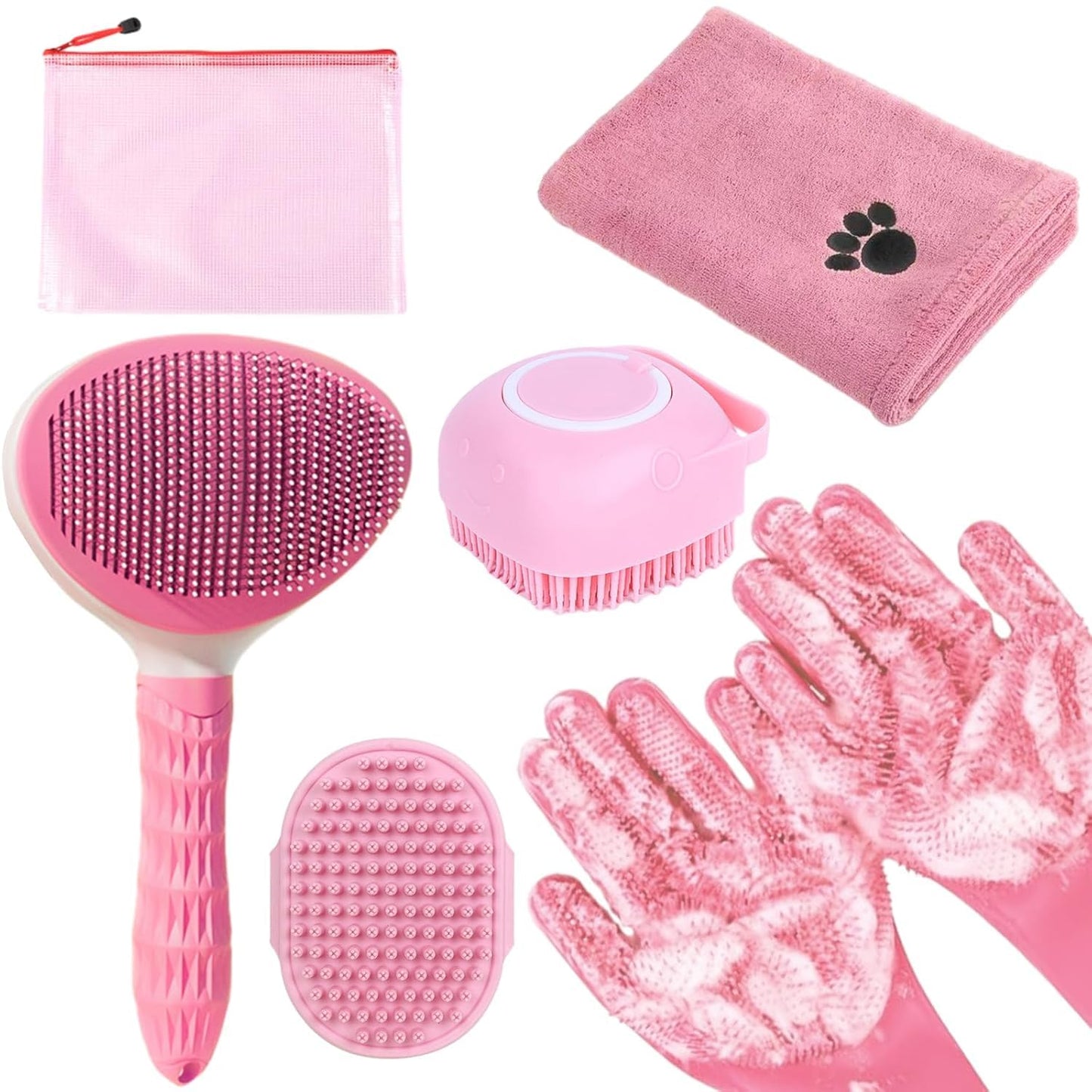 Bath Brush Kit With Towel & Washing Gloves, 6 in 1 Bag Slicker Hair Grooming Brush for Shedding, Shampoo Scrubber for Dogs Cats Bath Pink