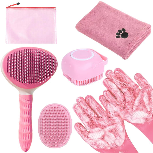 Bath Brush Kit With Towel & Washing Gloves, 6 in 1 Bag Slicker Hair Grooming Brush for Shedding, Shampoo Scrubber for Dogs Cats Bath Pink
