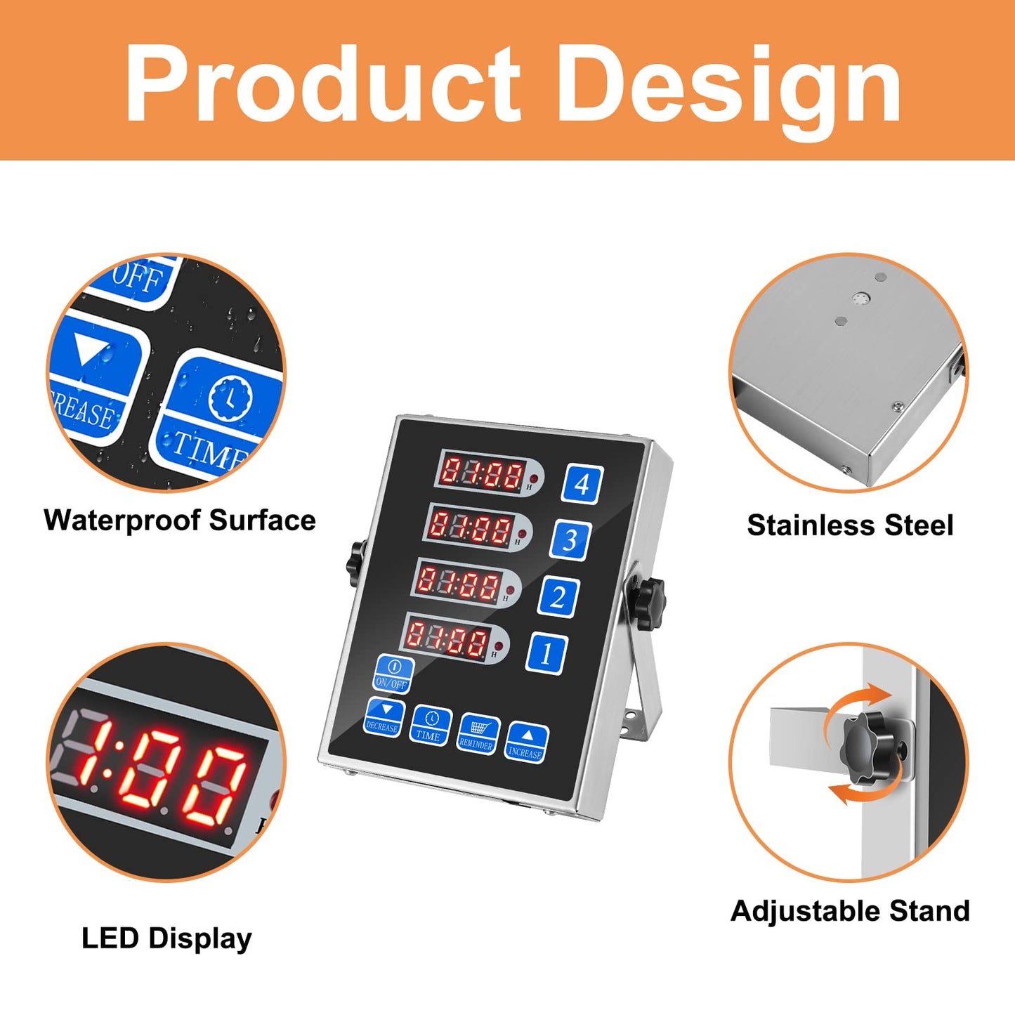 YOOYIST Precision Kitchen Timers for Cooking – 4 Channel Commercial Kitchen Timer Restaurant Kitchen Supplies – Stainless Steel Digital LED Chef Cooking Timer – Reminder Function, Loud Alarm, Black