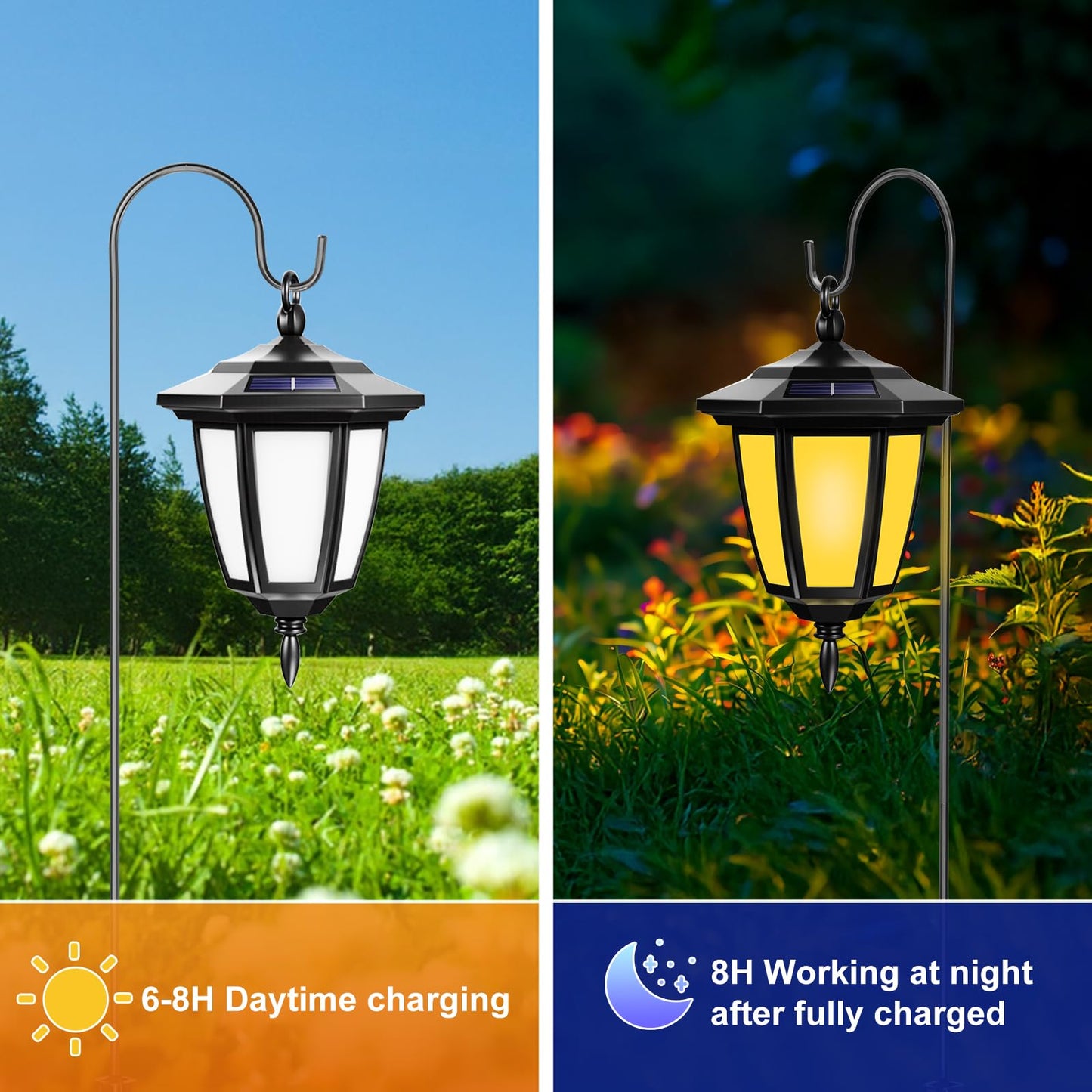 Viewsun 34 Inch Solar Hanging Lights, Shepherd Hook Lights with 2 Shepherd Hooks Waterproof Outdoor Decorative Solar Lantern Lights for Garden Decor, Patio, Backyard, Pathway, 4 Pack