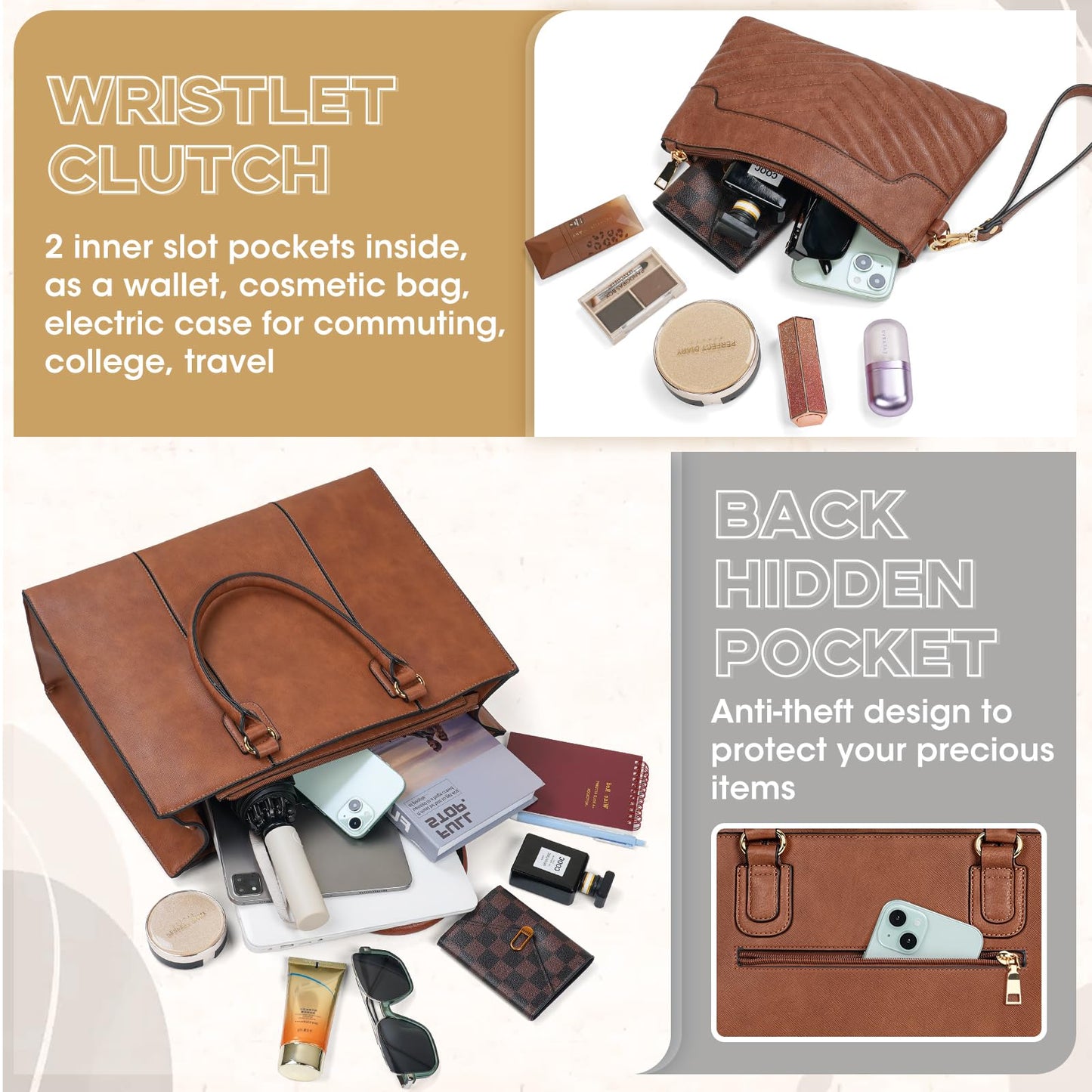 NUBILY Laptop Bags for Women 15.6 Inch Work Tote Bags Womens Laptop Purse Waterproof PU Leather Laptop Briefcase for Office Computer Bag Women Travel Handbag Shoulder Bag Brown